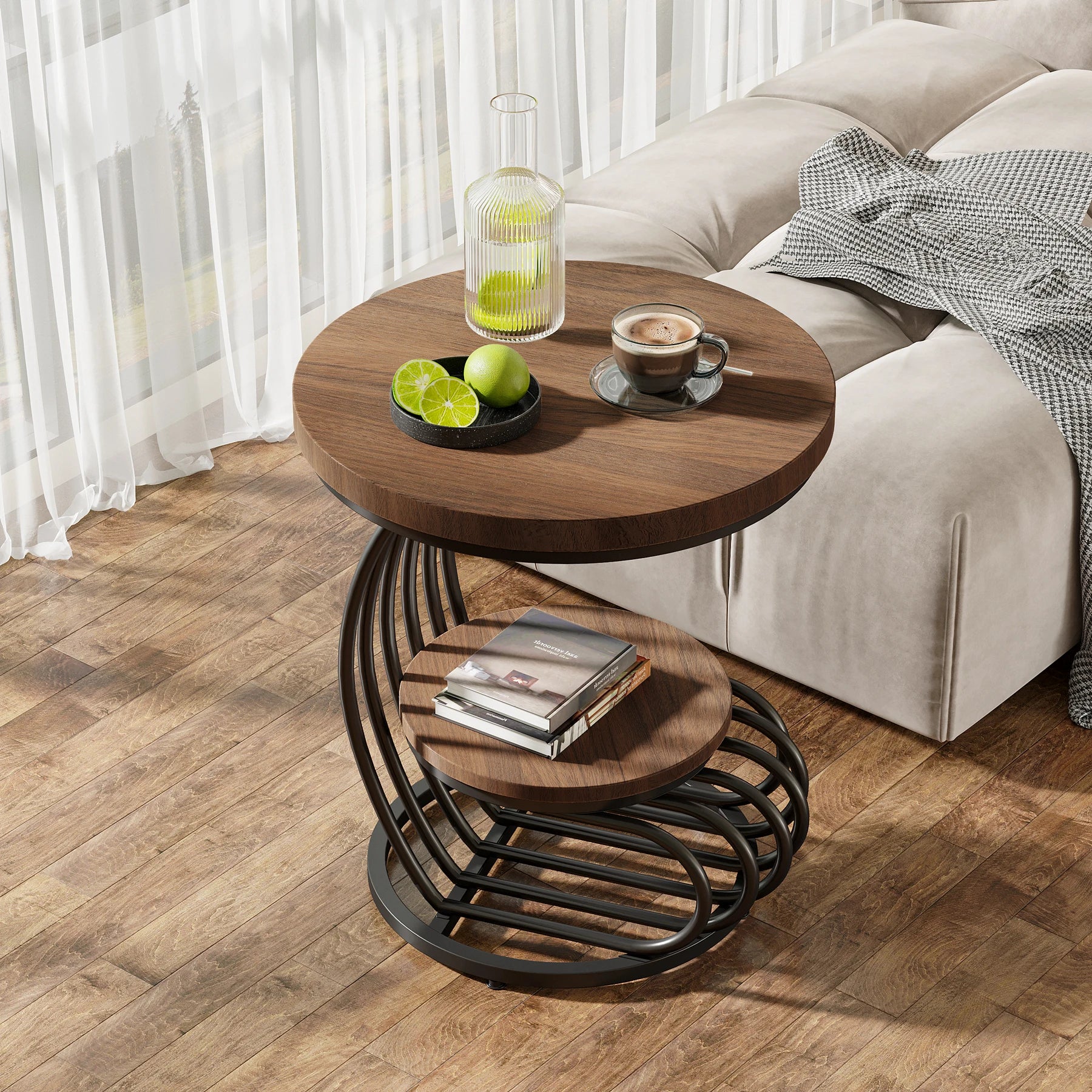 Gold Round Side Table with Faux-Marble Tiers for Living Room — 20-inch Sculptural Accent Table