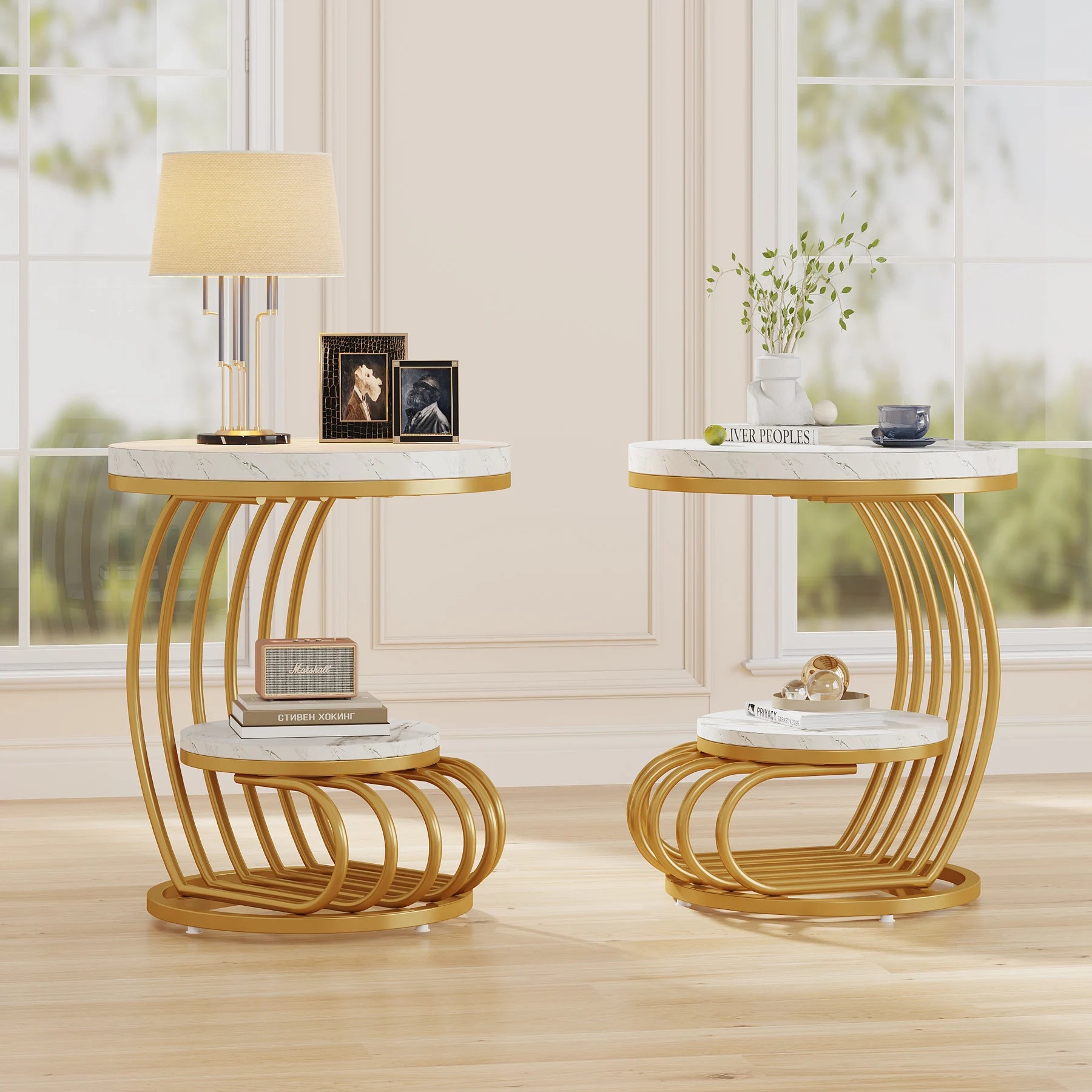 Gold Round Side Table with Faux-Marble Tiers for Living Room — 20-inch Sculptural Accent Table