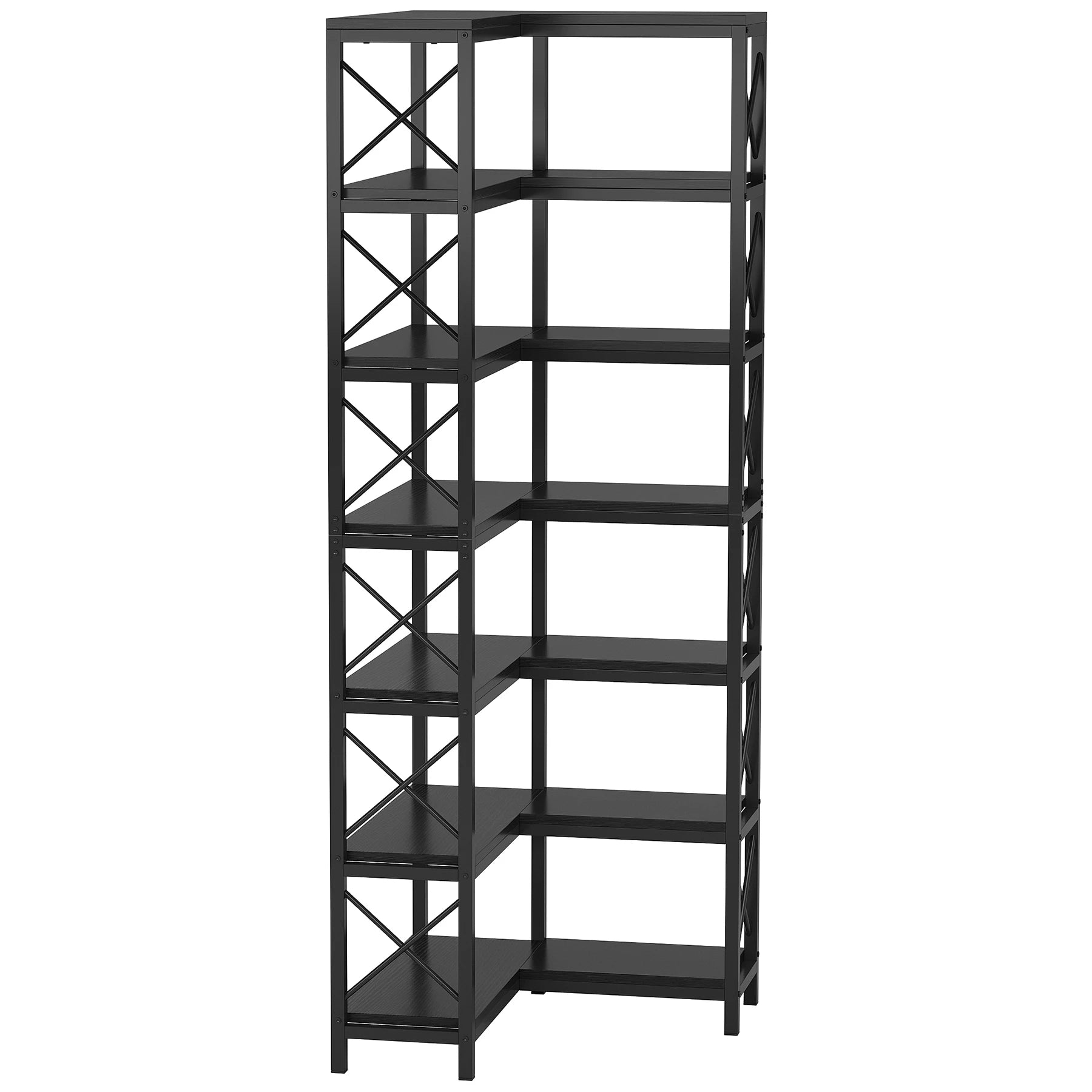 Industrial Corner Bookcase with 7 Shelves and Black Metal Frame for Living Room — 71" Tall