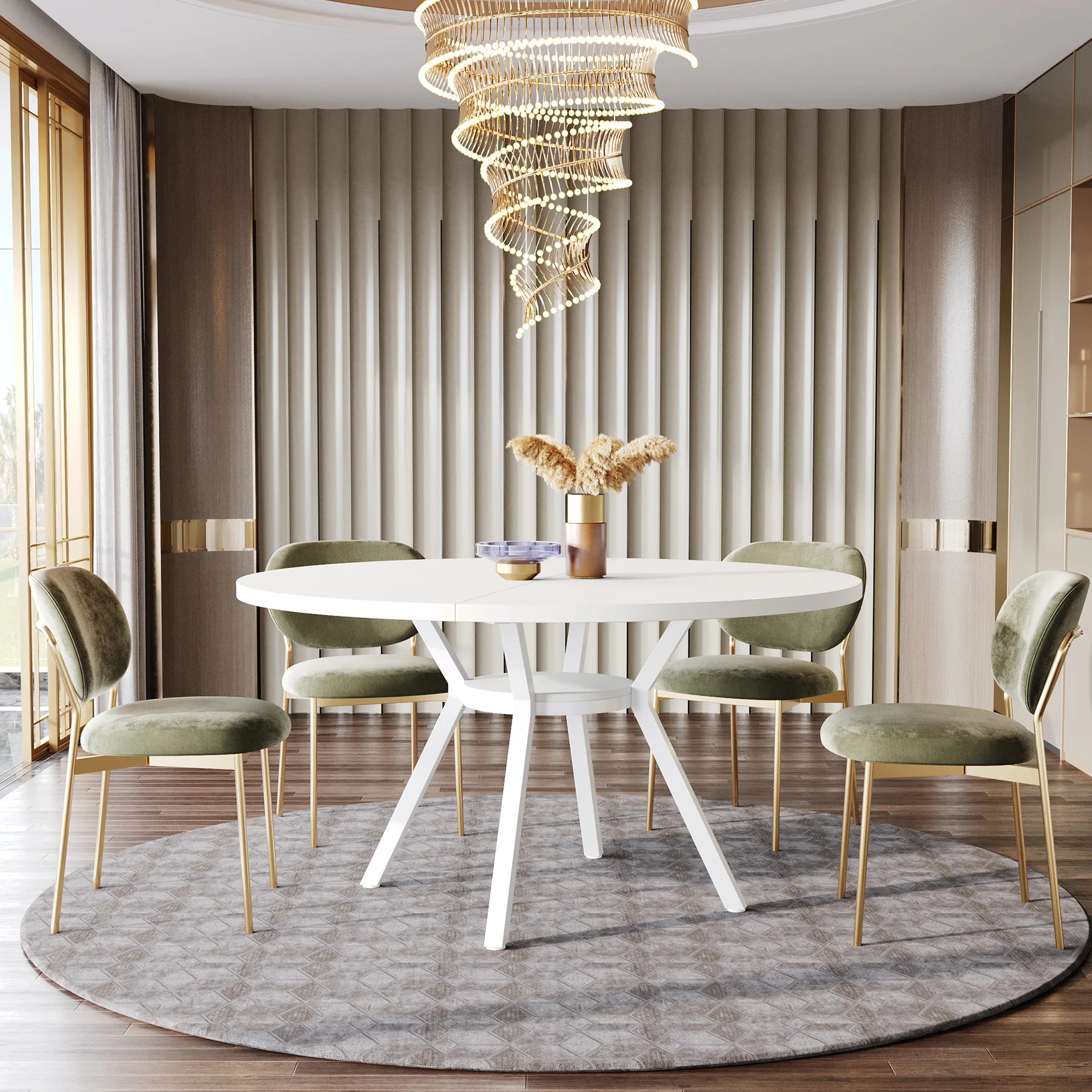 Walnut Round Dining Table with Sculptural Metal Pedestal for 4-6 — 47in