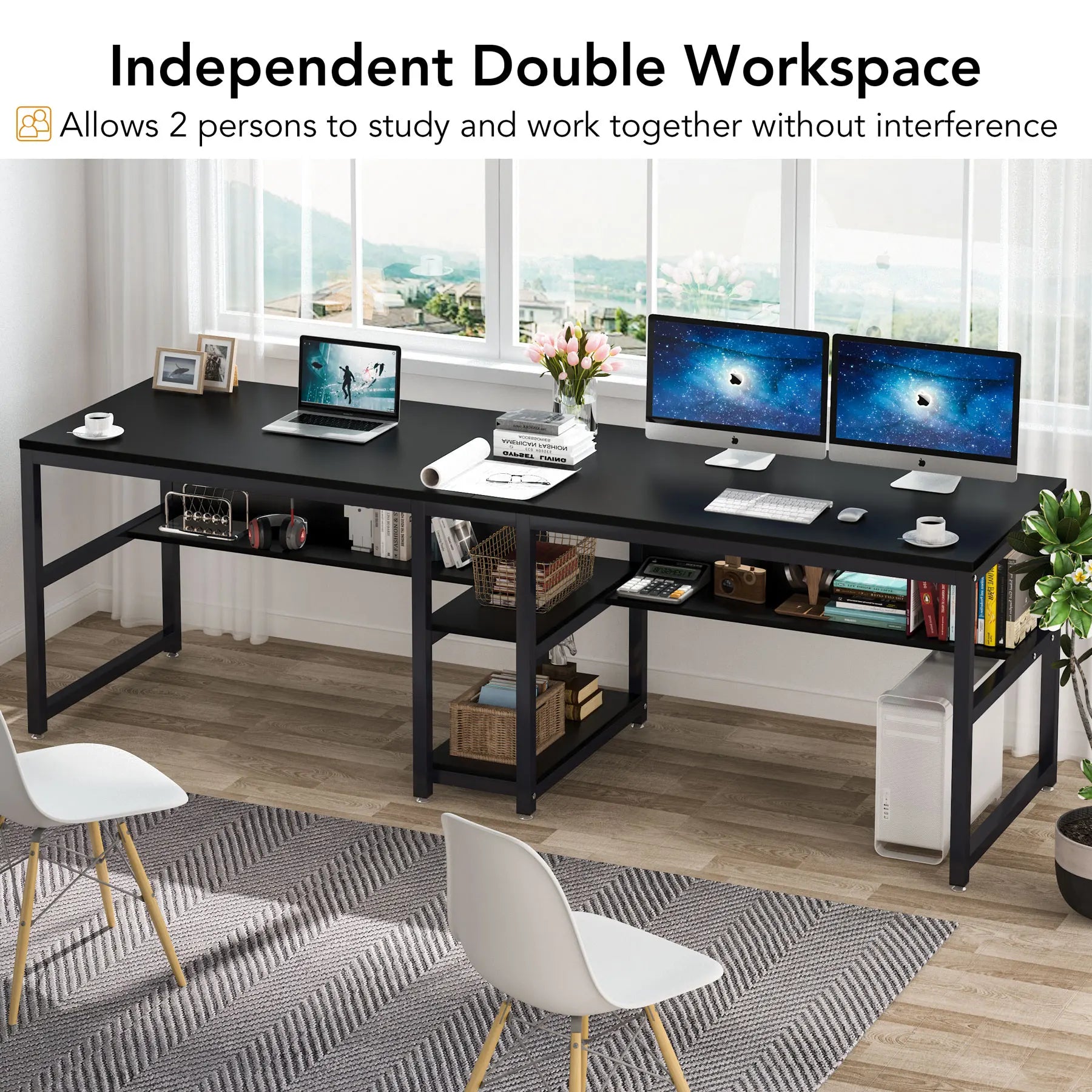 Rustic Two-Person Desk with Bookshelf for Home Office — 78.7in Double Workstation
