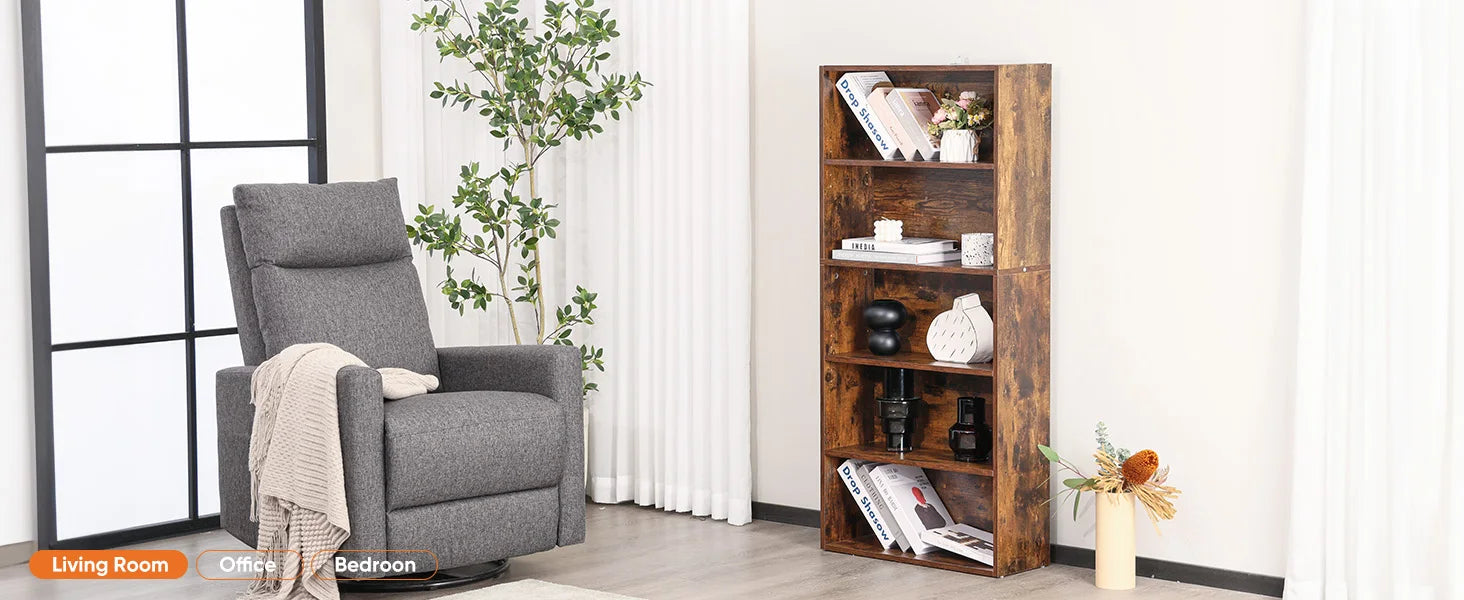 Rustic Wood 6-Tier Bookcase with Open Shelves for Living Room — 63" Tall