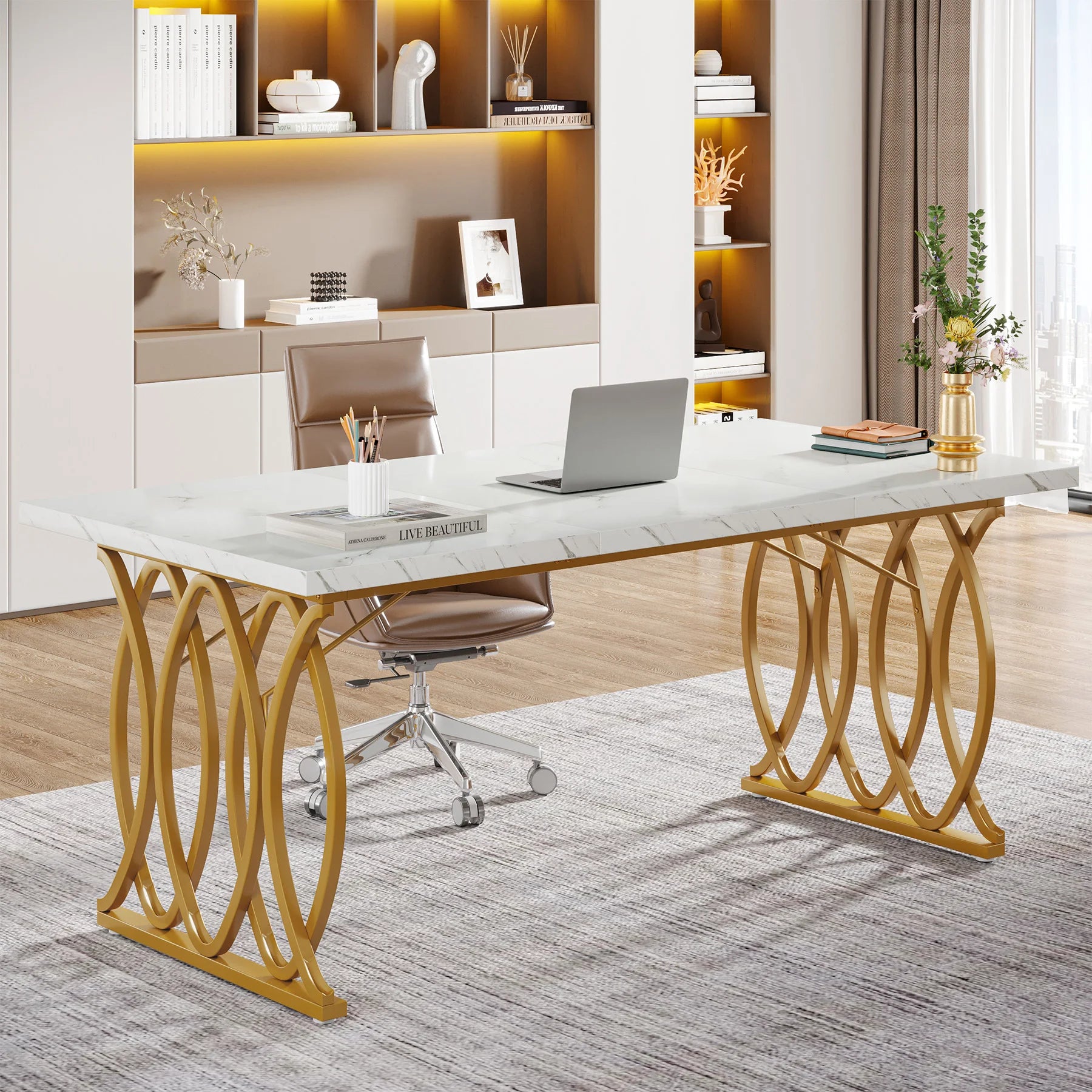 White Executive Desk with Gold Metal Legs for Home Office — 70.9"
