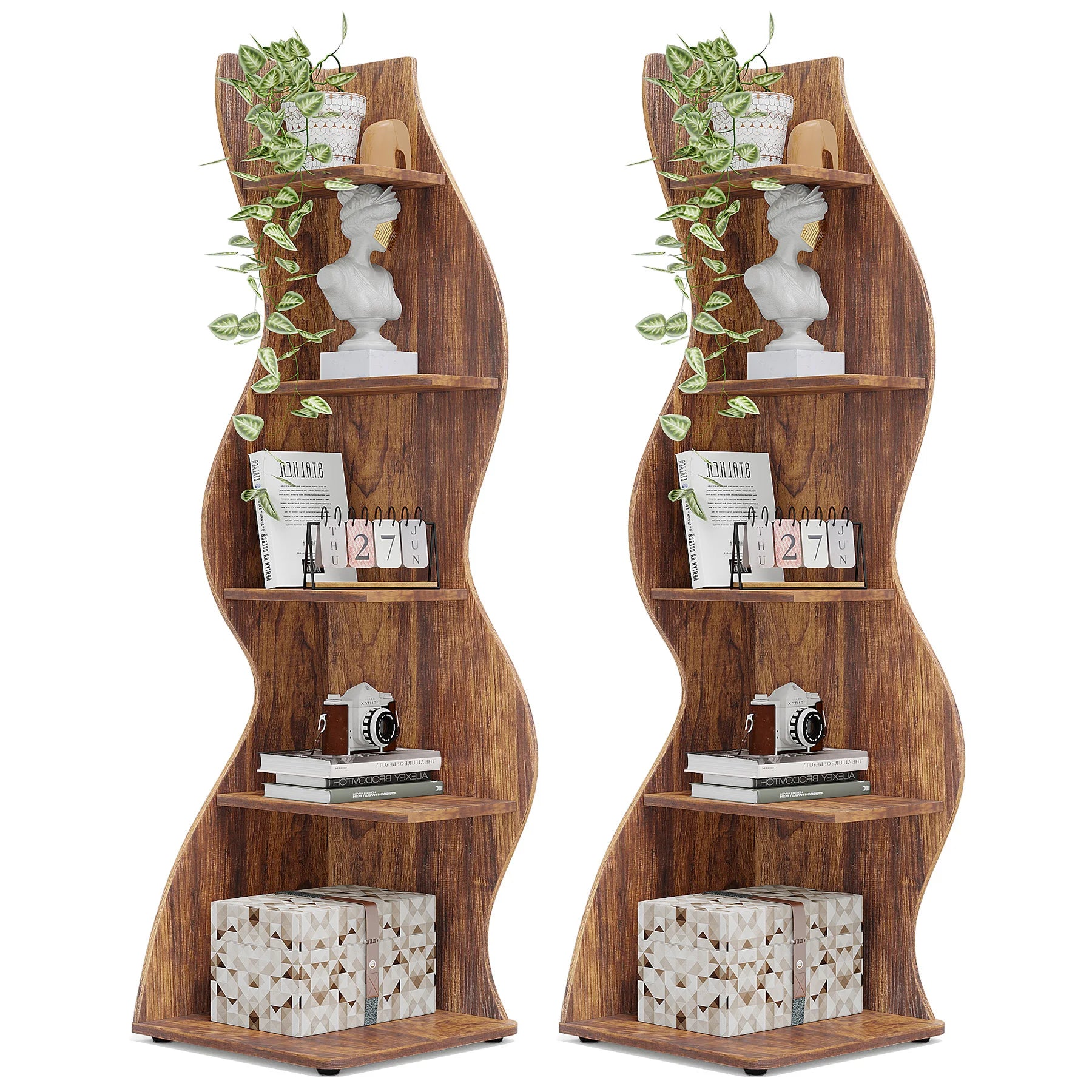 White Wave 5-Tier Corner Bookshelf with Curved Silhouette for Living Room — 65"H Floor Shelf