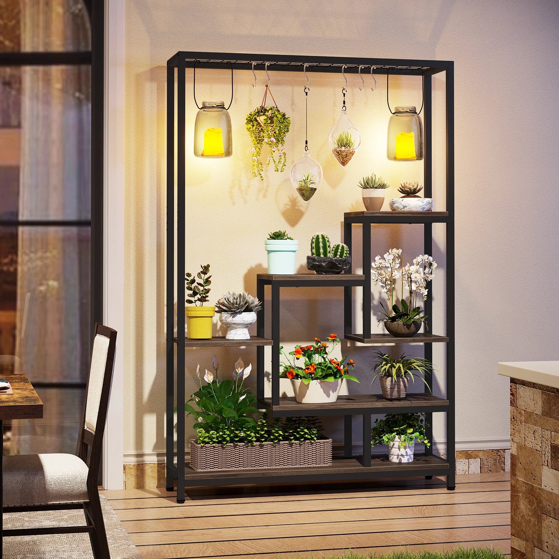 Industrial Metal Plant Stand with Hanging Hooks for Living Room — 5-Tier, 70.9in Tall