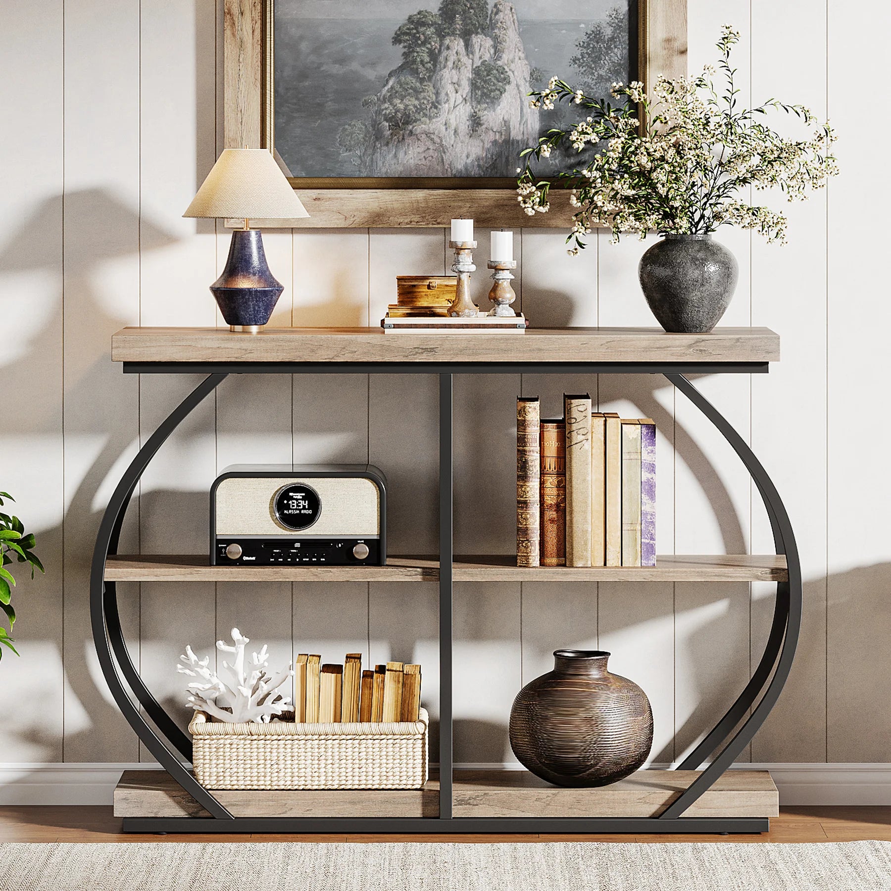 Rustic Industrial Console Table with Arched Metal Frame and 3 Storage Shelves for Entryway — 41 in