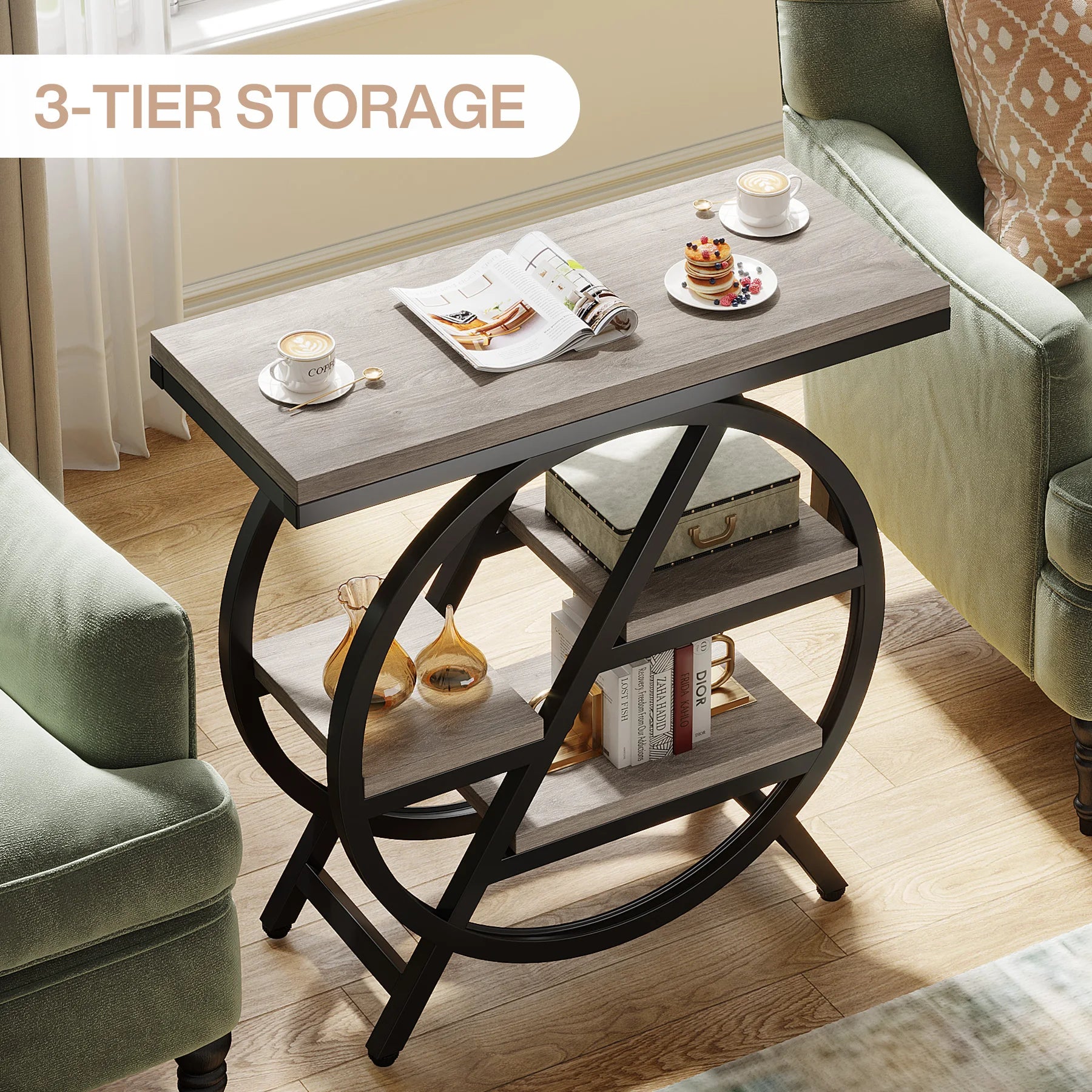 Rustic Wood 3-Tier Side Table with Round Metal Frame for Living Room — Narrow