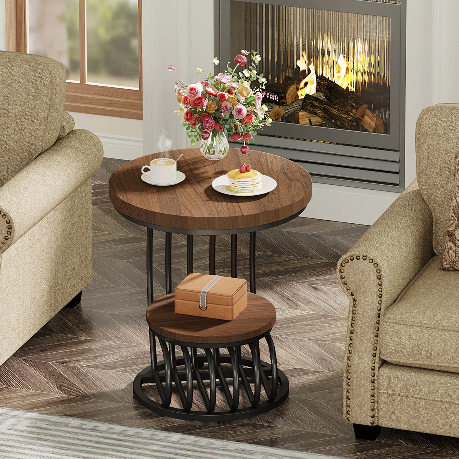Gold Round Side Table with Faux-Marble Tiers for Living Room — 20-inch Sculptural Accent Table