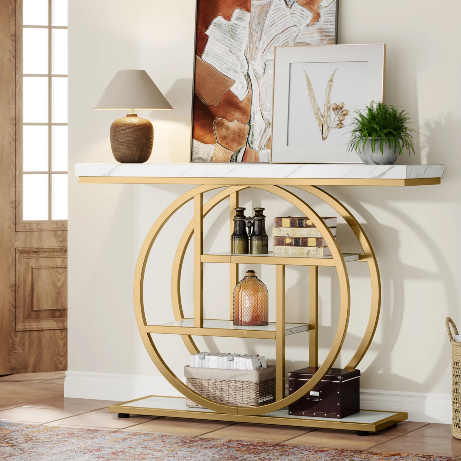 Rustic Wood 4-Tier Console Table with Round Metal Frame for Entryway — 41.3in