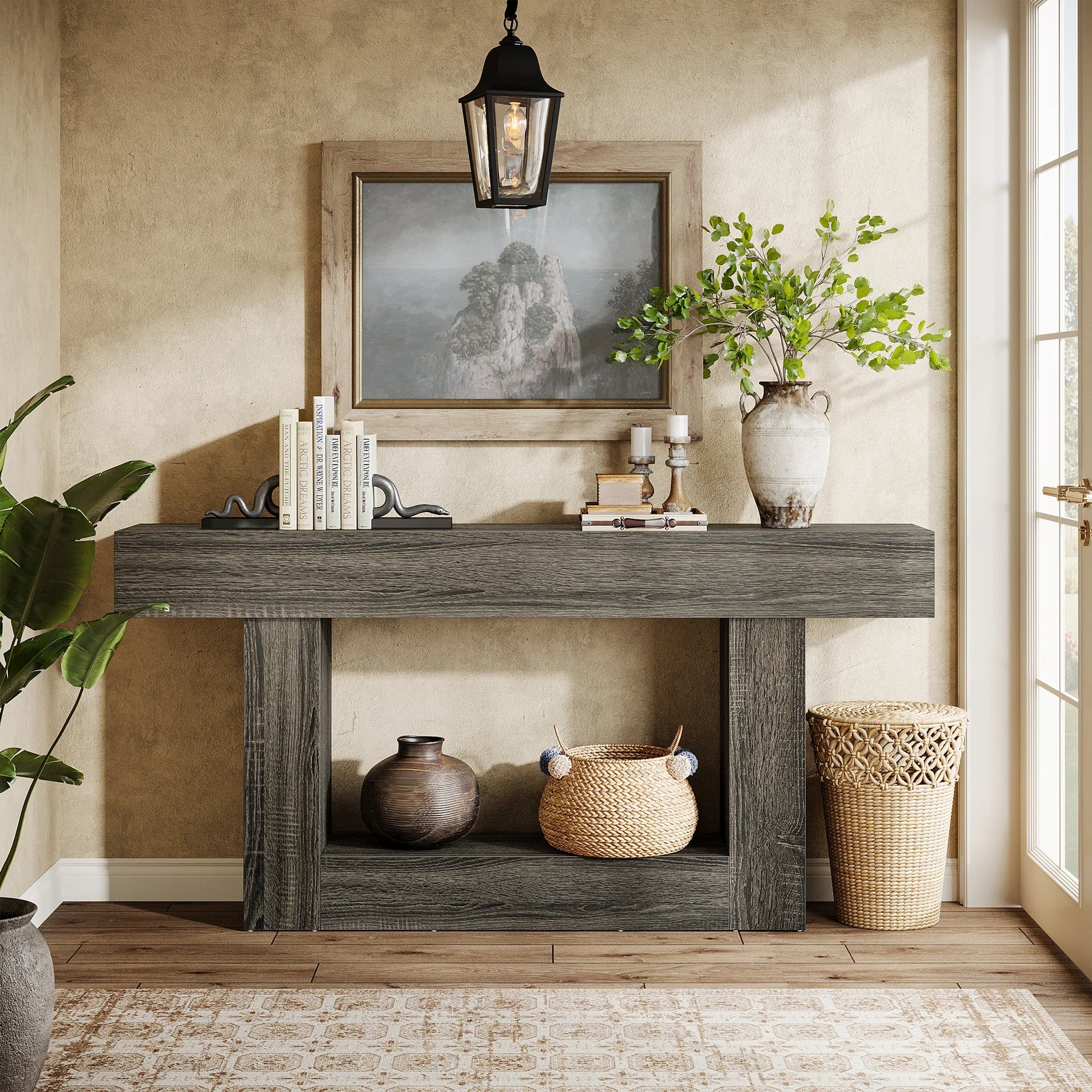 Two-Tone Farmhouse Console Table with Lower Shelf for Entryway — 63"