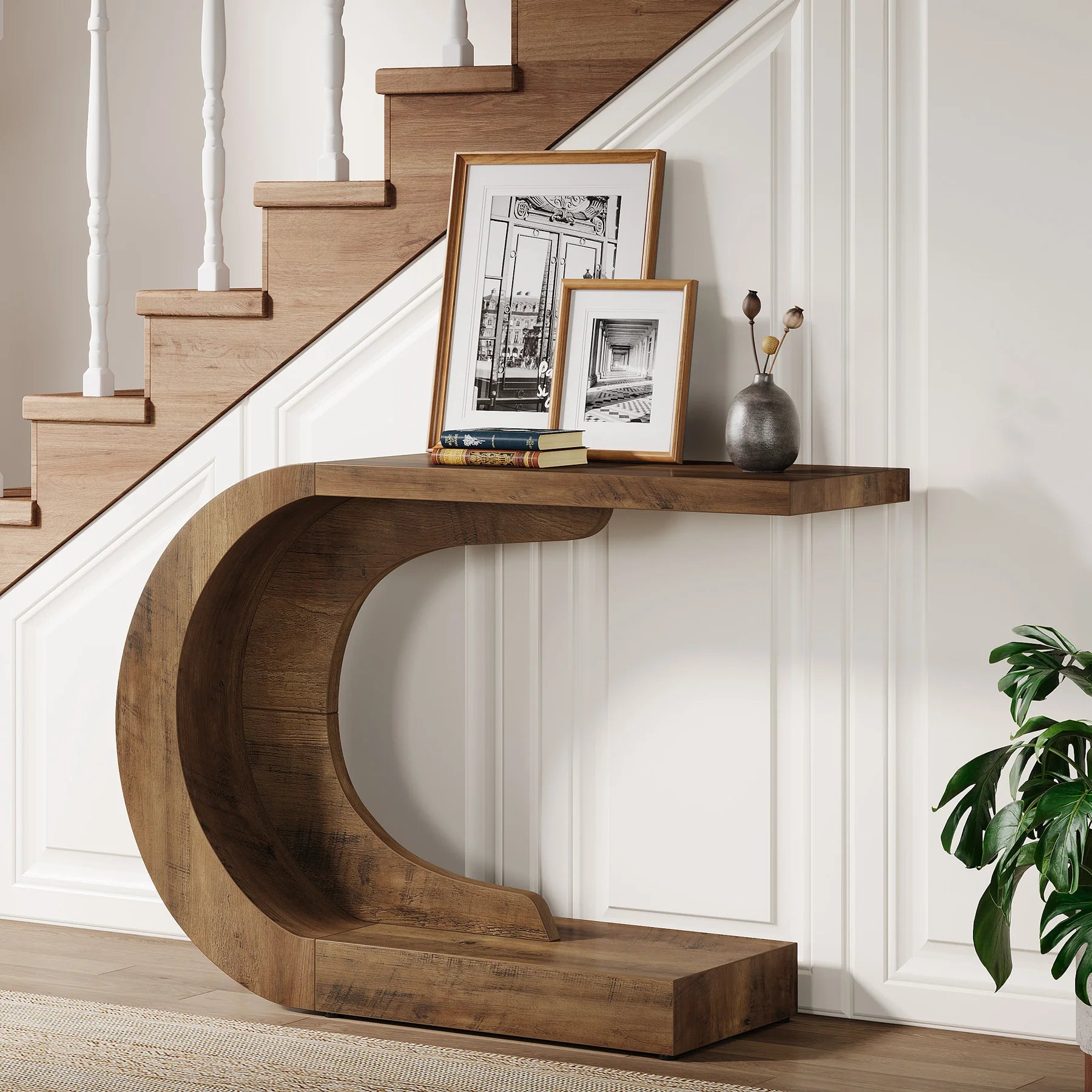 Curved Wood Console Table with Sculptural C-Base for Entryway — 43" Wide