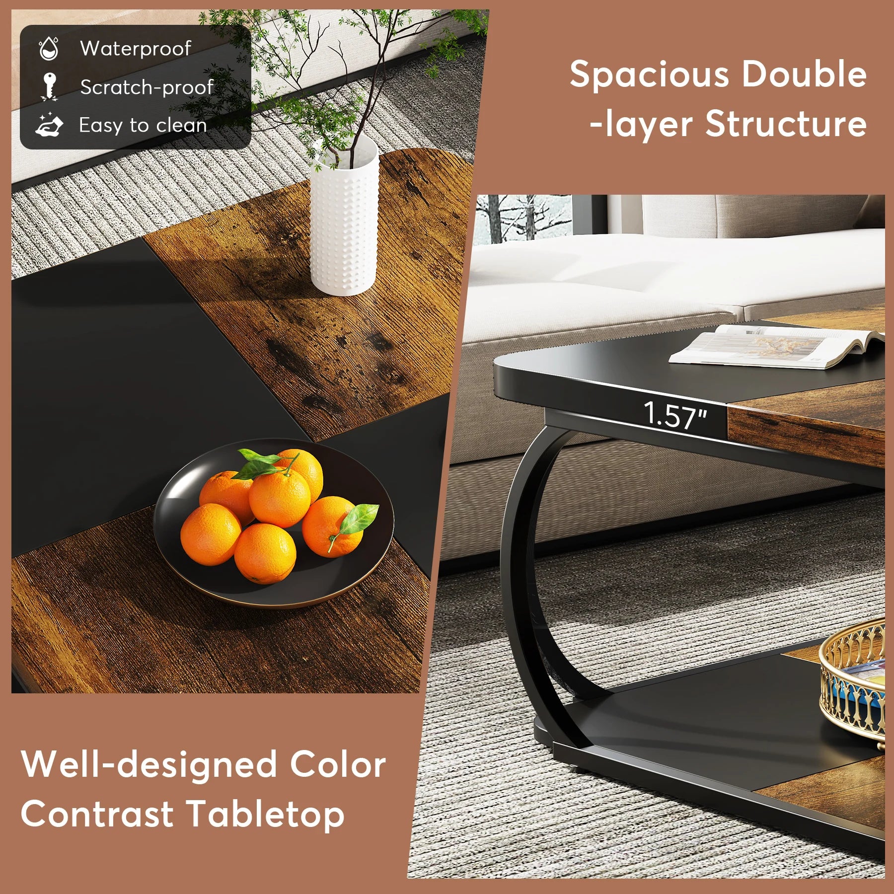 Two-Tone Wood Coffee Table with Storage Shelf for Living Room — 40in Square, Curved Metal Frame