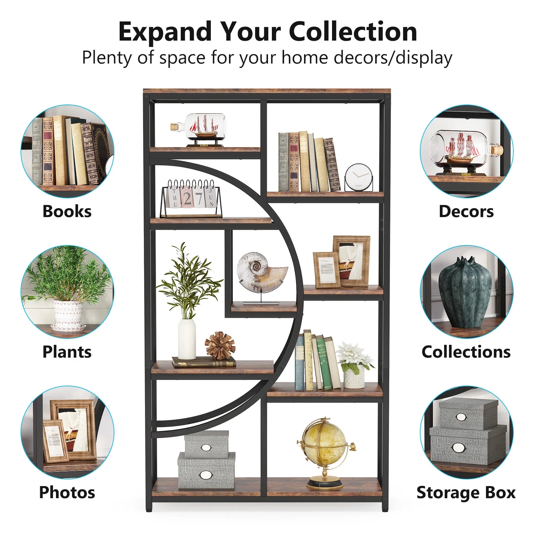 Industrial Etagere Bookcase with Curved Arc for Living Room — 71" Tall Freestanding