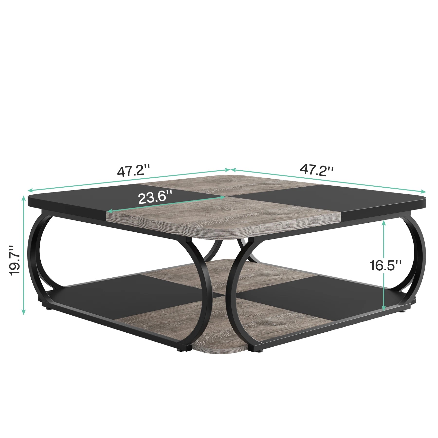 Two-Tone Wood Coffee Table with Storage Shelf for Living Room — 40in Square, Curved Metal Frame