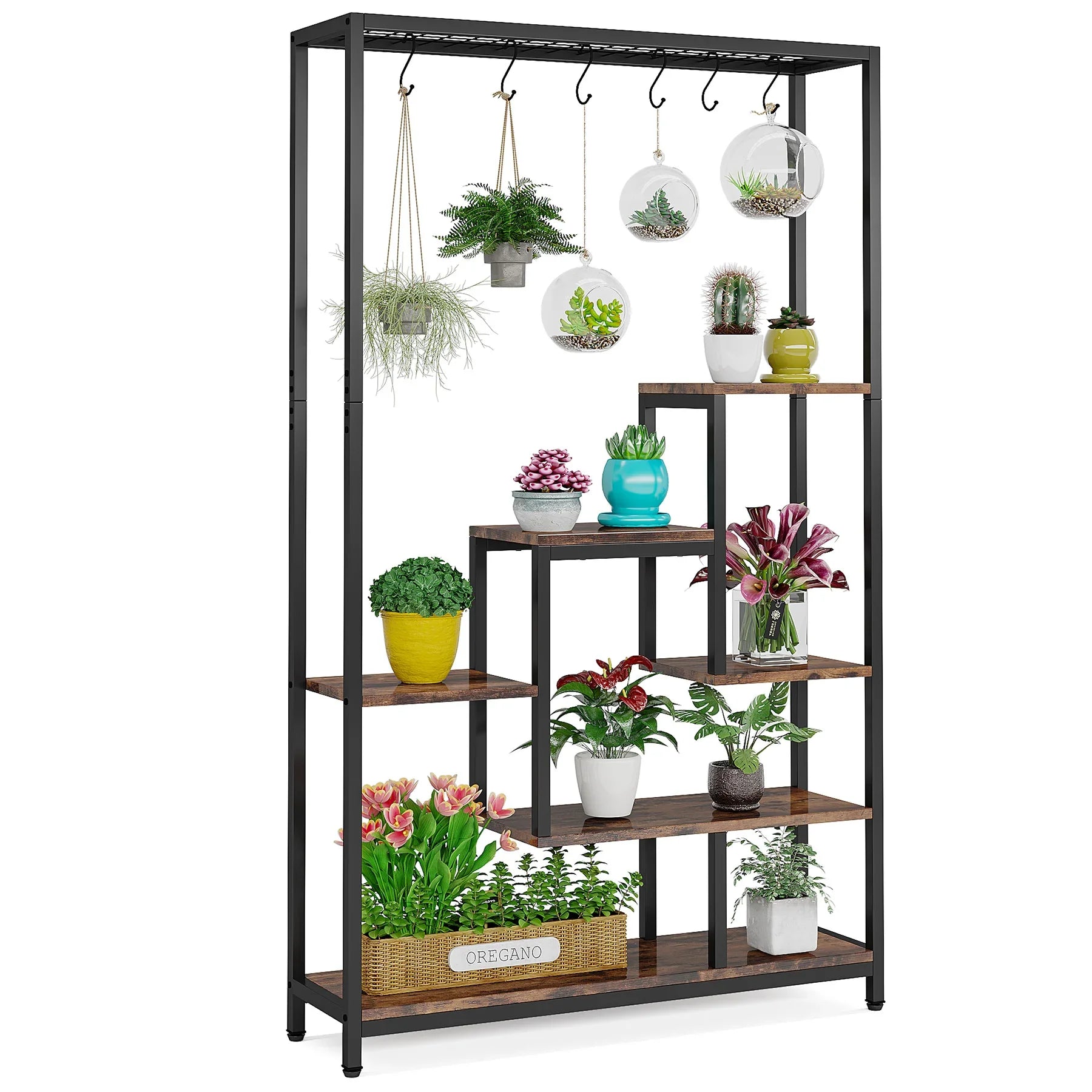 Industrial Metal Plant Stand with Hanging Hooks for Living Room — 5-Tier, 70.9in Tall