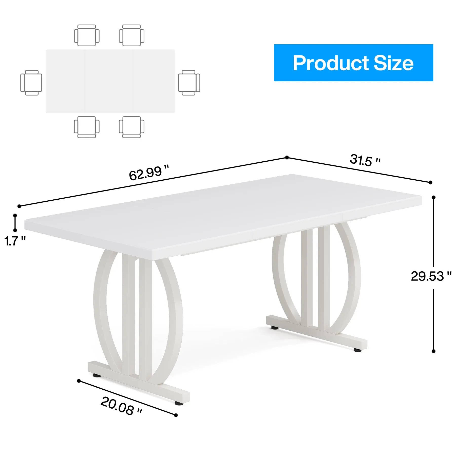 Modern Black 63" Dining Table with Curved Metal Pedestal Base for Kitchen — Seats 6
