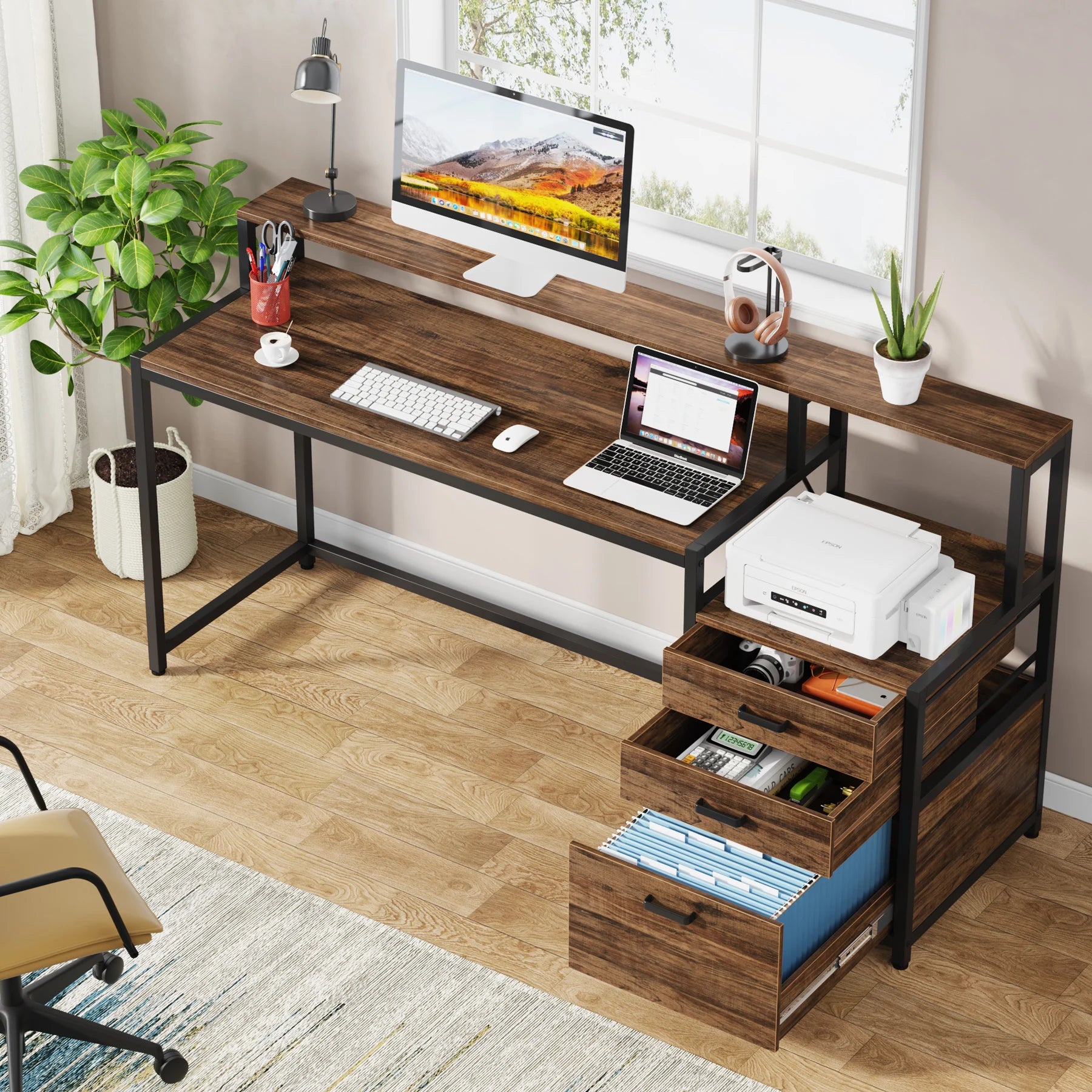 Industrial Computer Desk with 3 Drawers for Home Office — 59in Writing Table