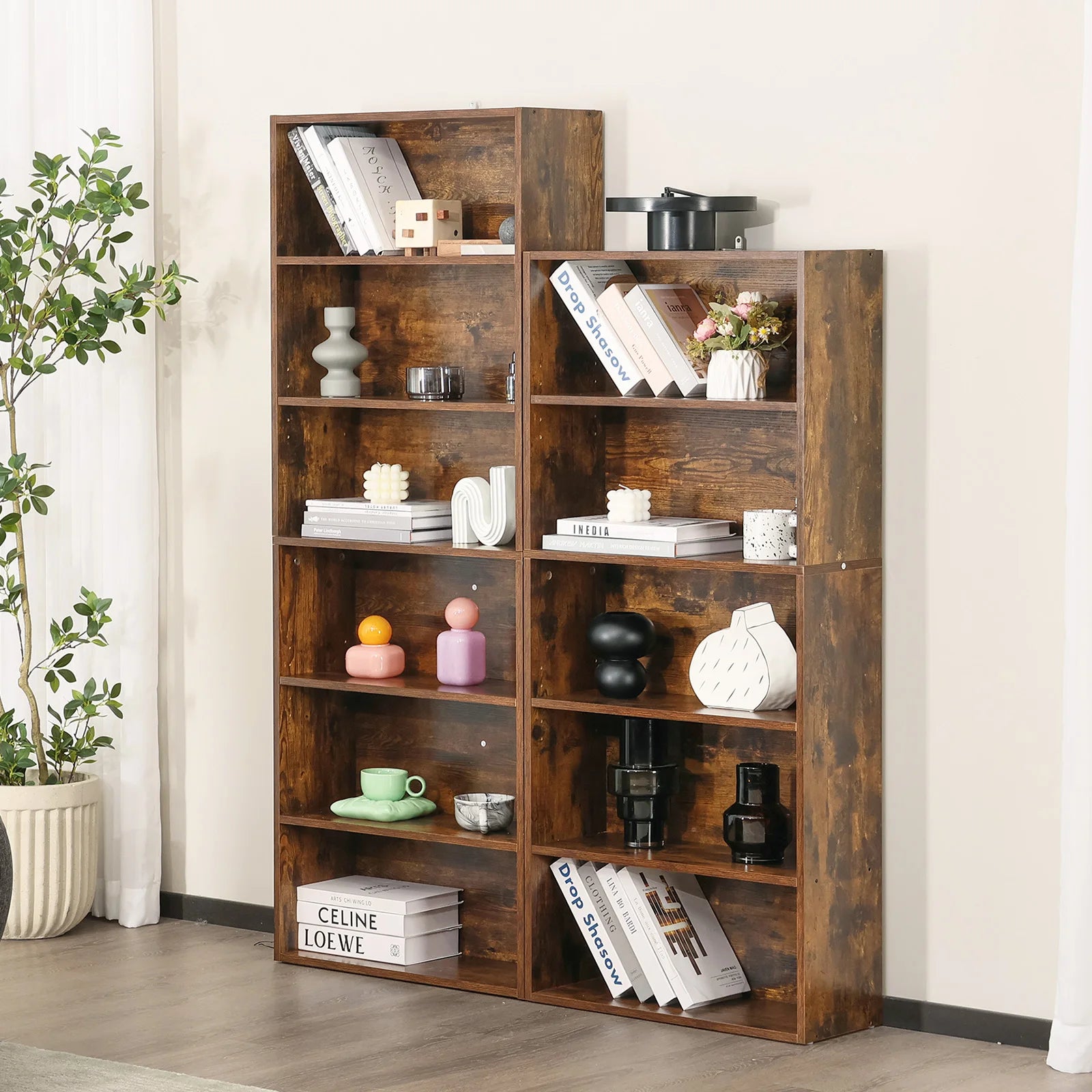Rustic Wood 6-Tier Bookcase with Open Shelves for Living Room — 63" Tall