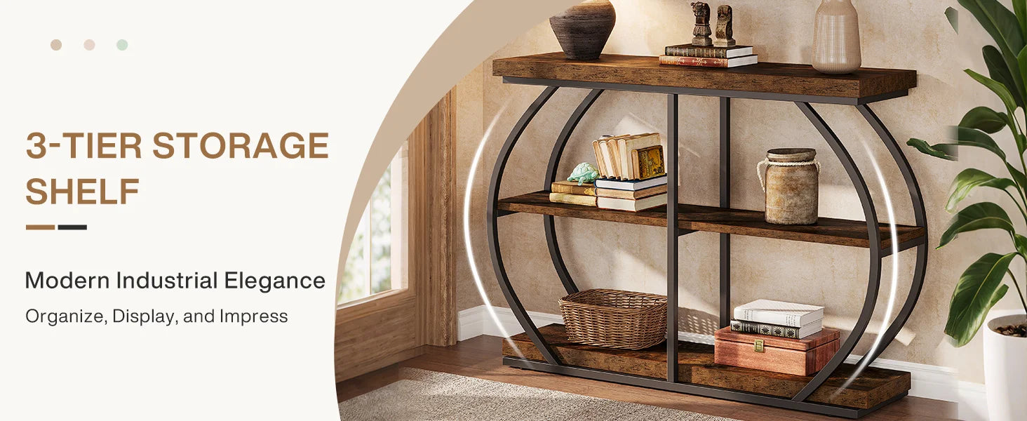 Rustic Industrial Console Table with Arched Metal Frame and 3 Storage Shelves for Entryway — 41 in