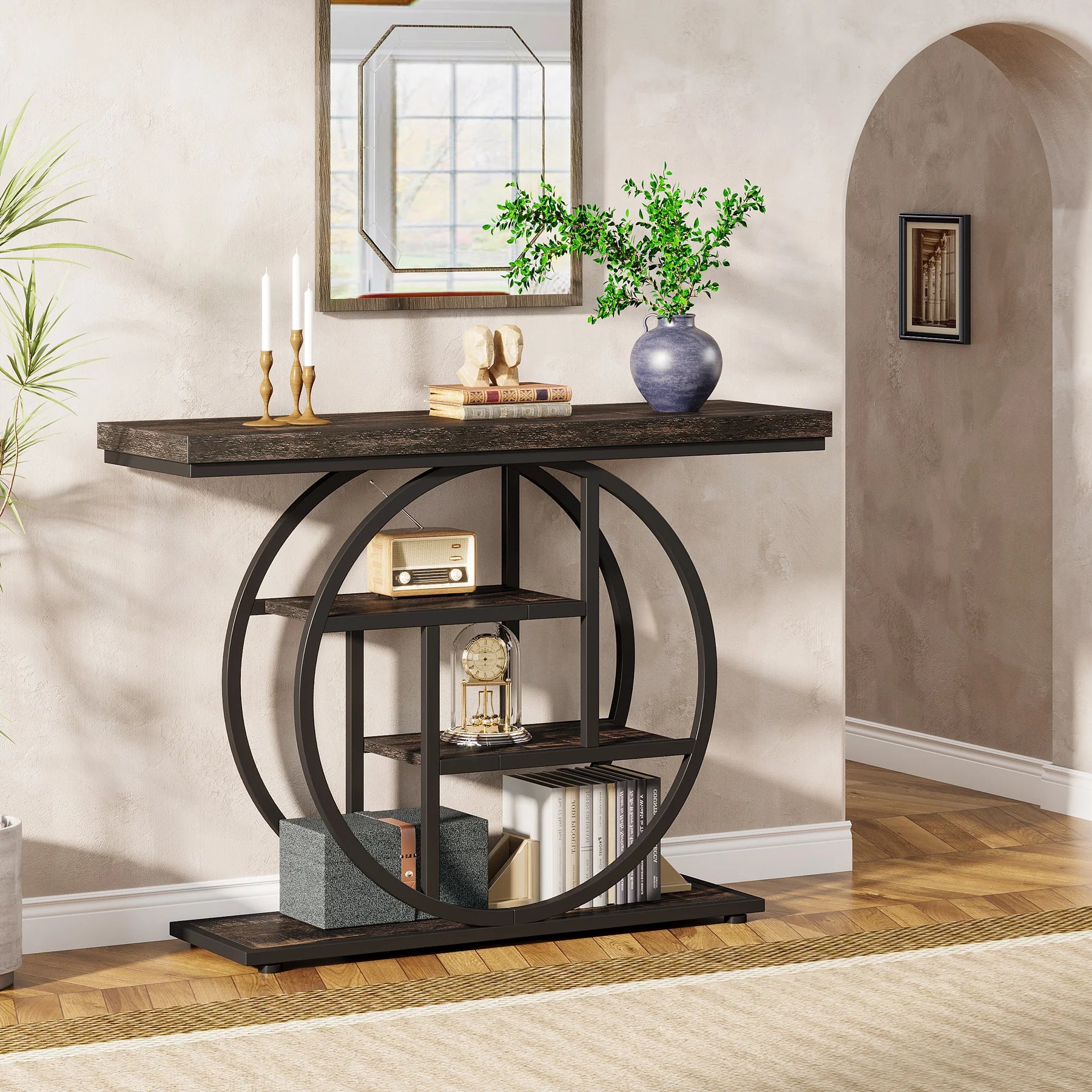 Rustic Wood 4-Tier Console Table with Round Metal Frame for Entryway — 41.3in