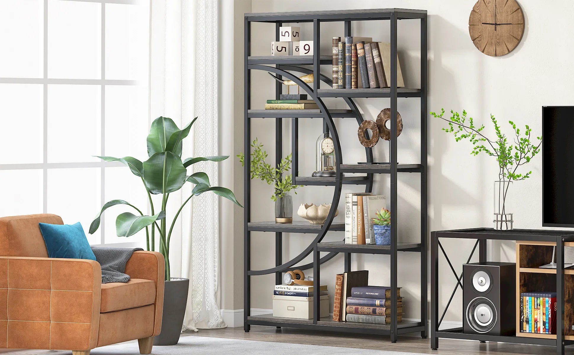 Industrial Etagere Bookcase with Curved Arc for Living Room — 71" Tall Freestanding