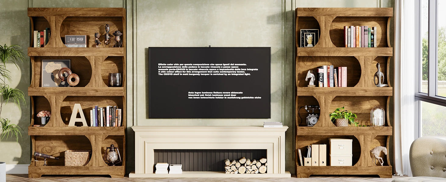 Two-Tone Curved Bookcase with Sculptural Cutout Shelves for Living Room — 71" Tall, 4 Tiers