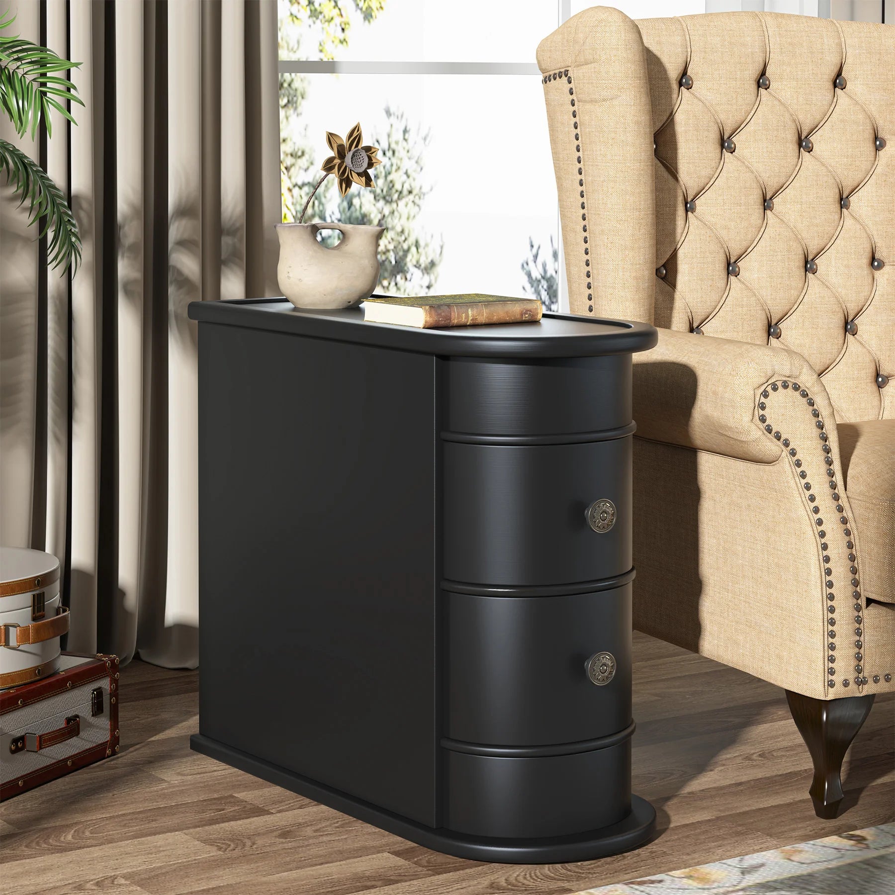 Solid Wood Narrow Side Table Nightstand with 2 Drawers for Living Room — 24" Tall