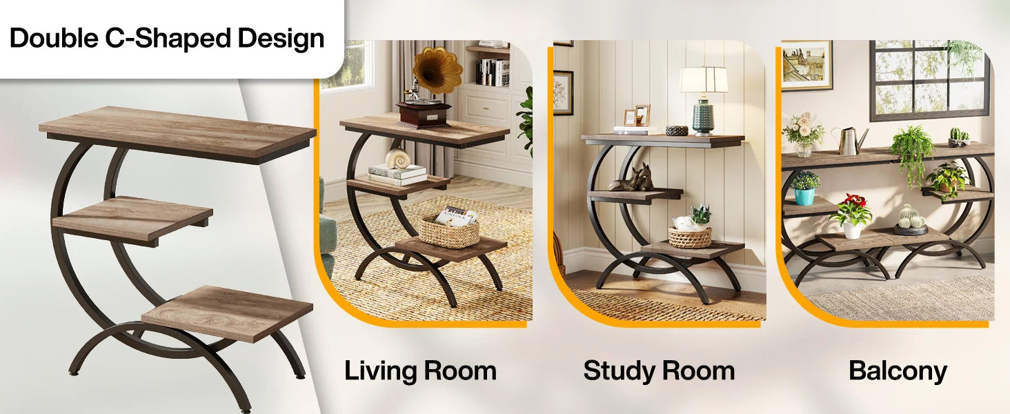 Industrial 3-Tier Side Table with Curved Metal Frame for Living Room — Rustic Brown Wood