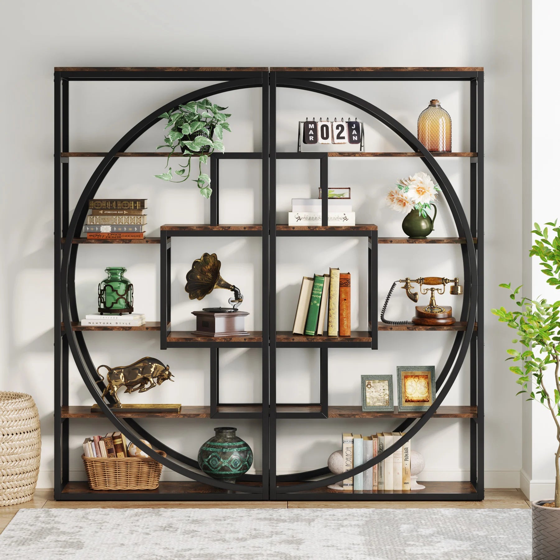 Industrial Etagere Bookcase with Curved Arc for Living Room — 71" Tall Freestanding