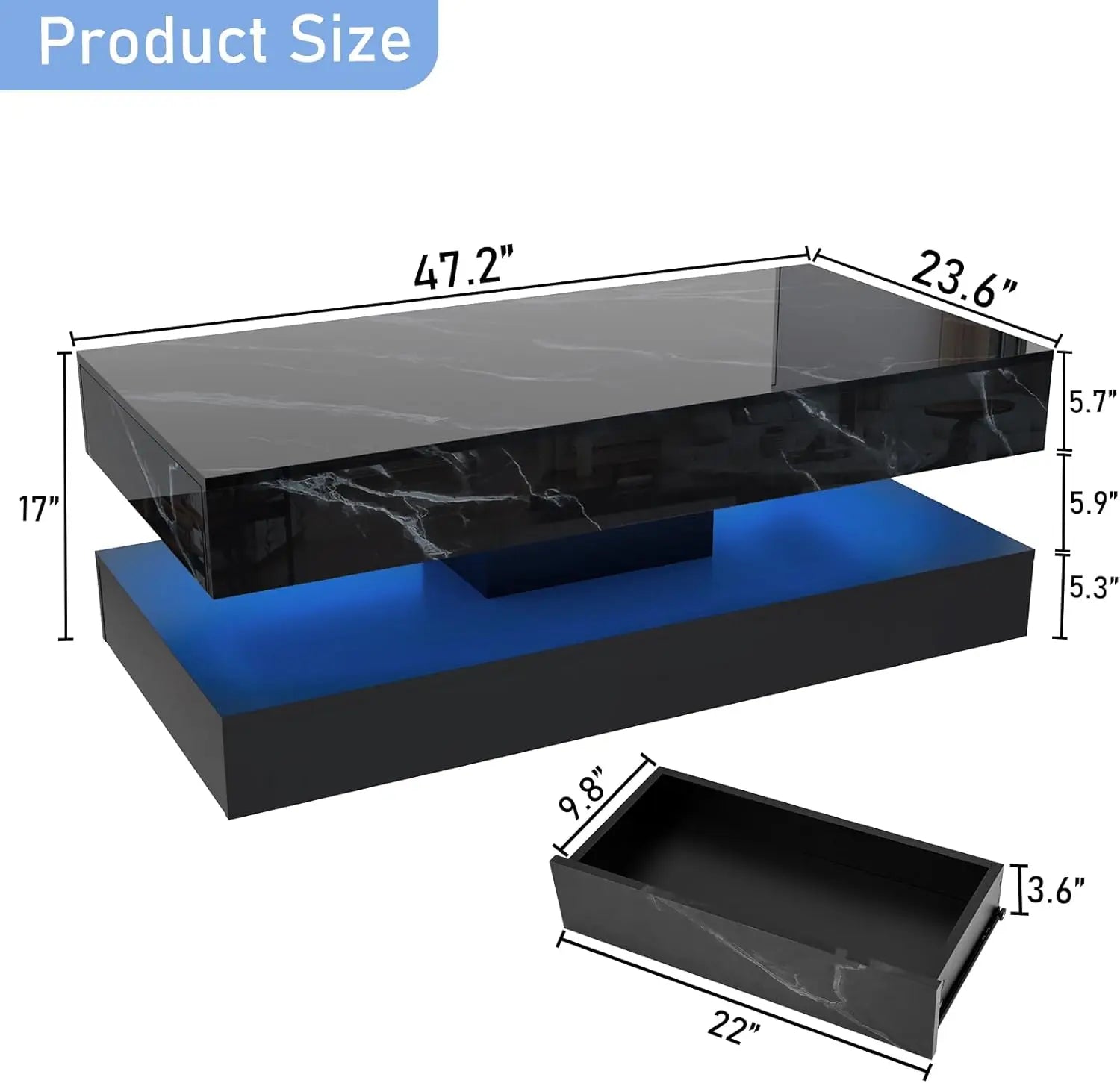 LED Coffee Table with Storage — Modern Faux Marble Coffee Table with Drawers for Living Room