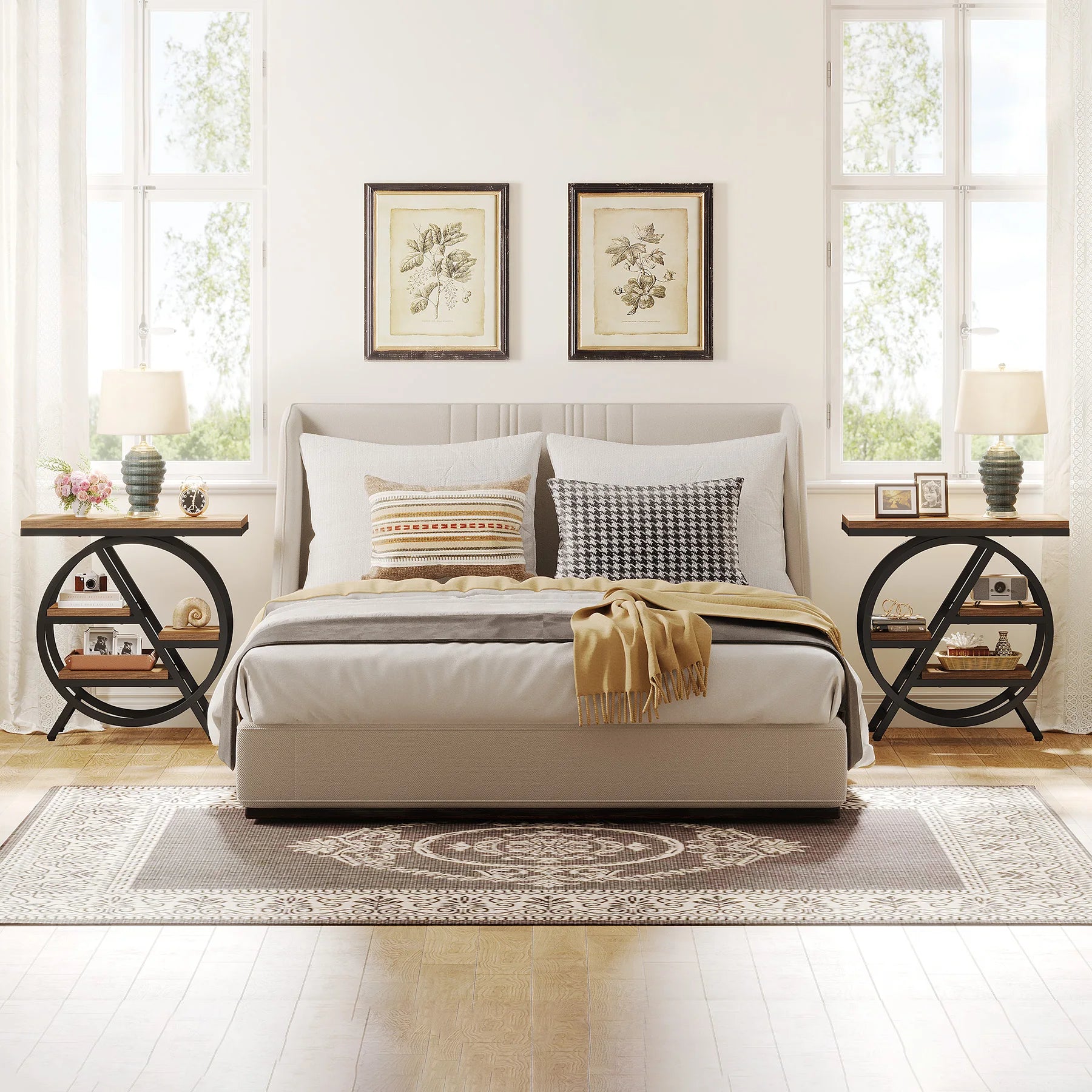 Rustic Wood 3-Tier Side Table with Round Metal Frame for Living Room — Narrow