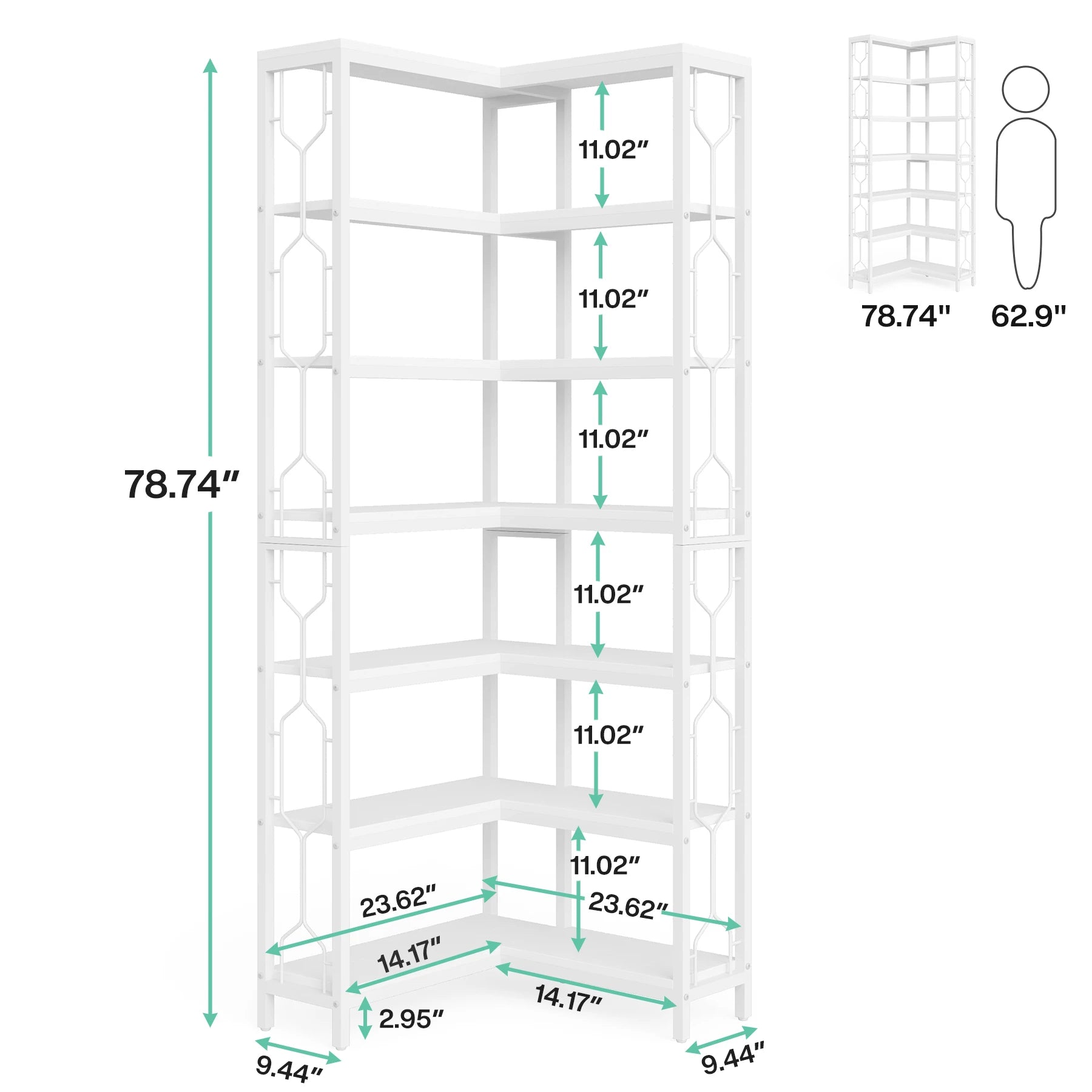 Industrial Corner Bookcase with 7 Shelves and Black Metal Frame for Living Room — 71" Tall