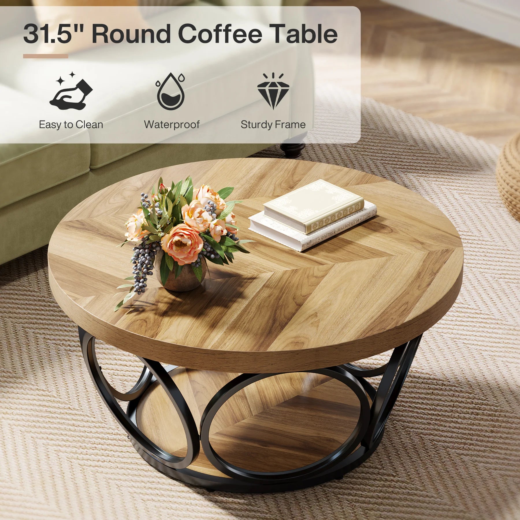 Round Industrial Coffee Table with Storage Shelf for Living Room — 31.7" Oak