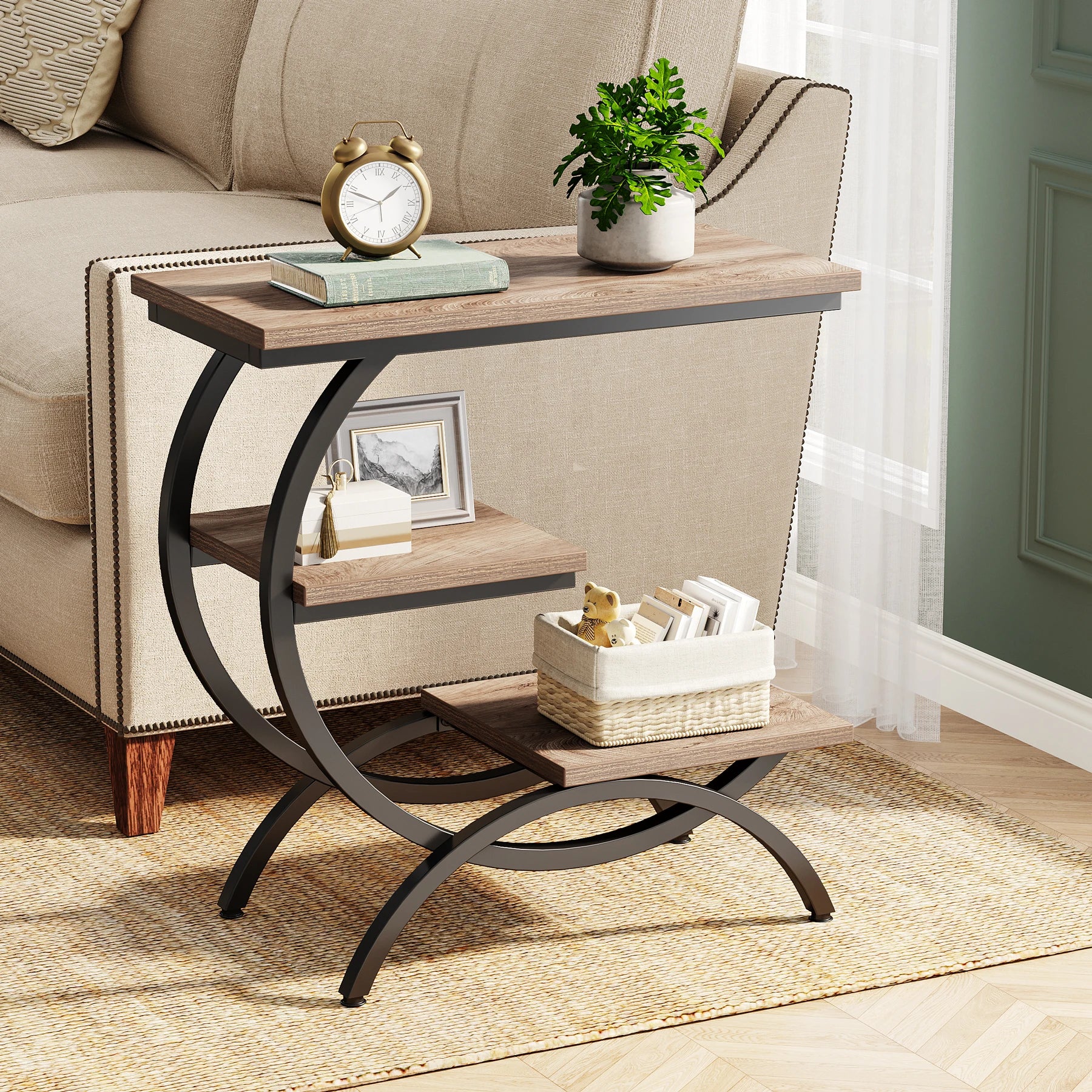 Industrial 3-Tier Side Table with Curved Metal Frame for Living Room — Rustic Brown Wood