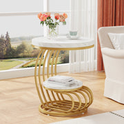 Gold Round Side Table with Faux-Marble Tiers for Living Room — 20-inch Sculptural Accent Table