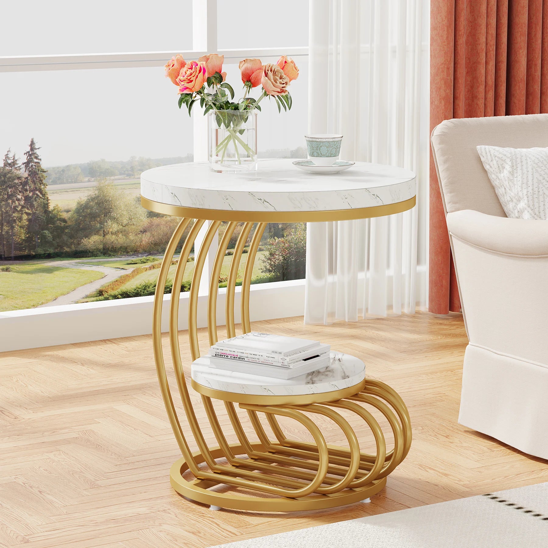 Gold Round Side Table with Faux-Marble Tiers for Living Room — 20-inch Sculptural Accent Table