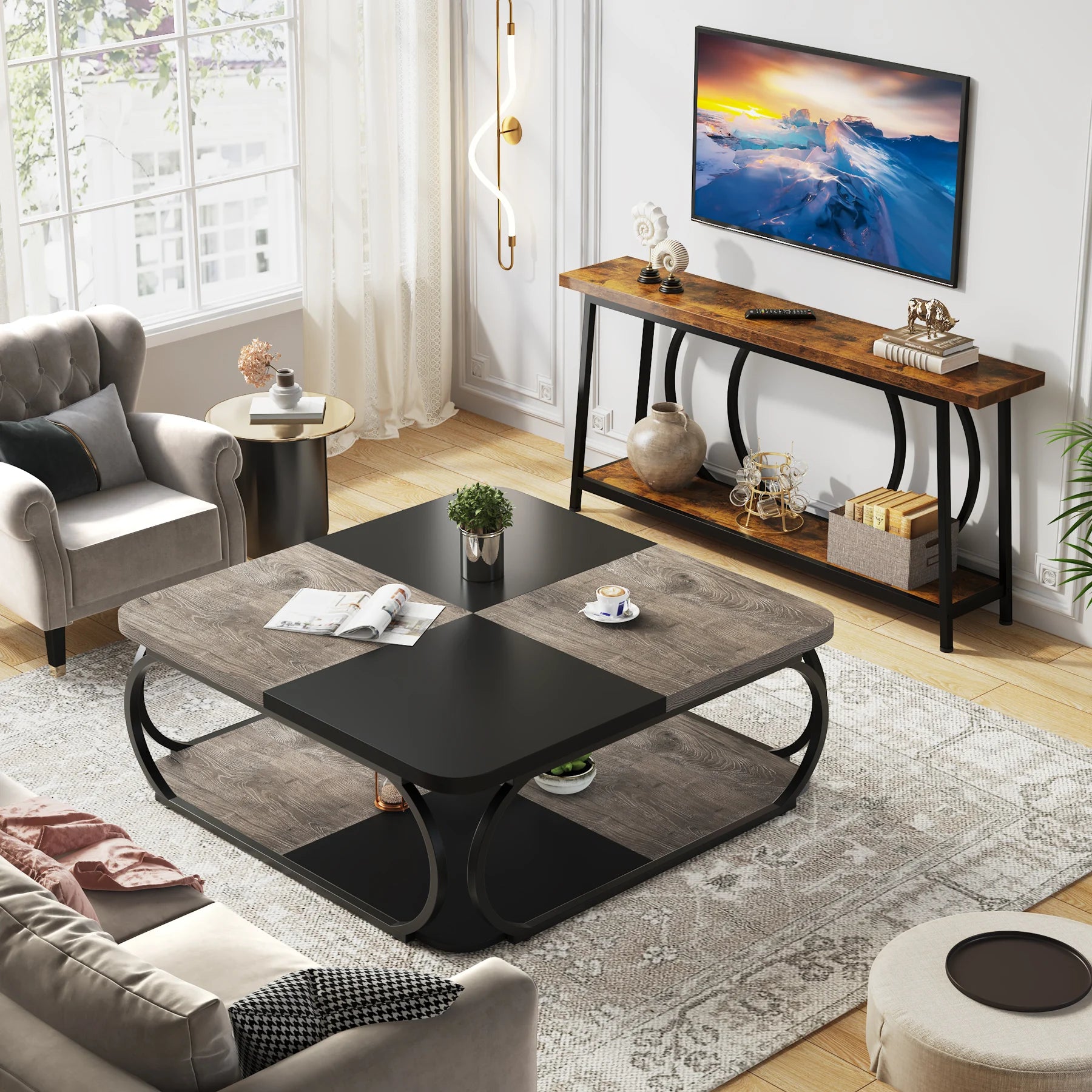 Two-Tone Wood Coffee Table with Storage Shelf for Living Room — 40in Square, Curved Metal Frame