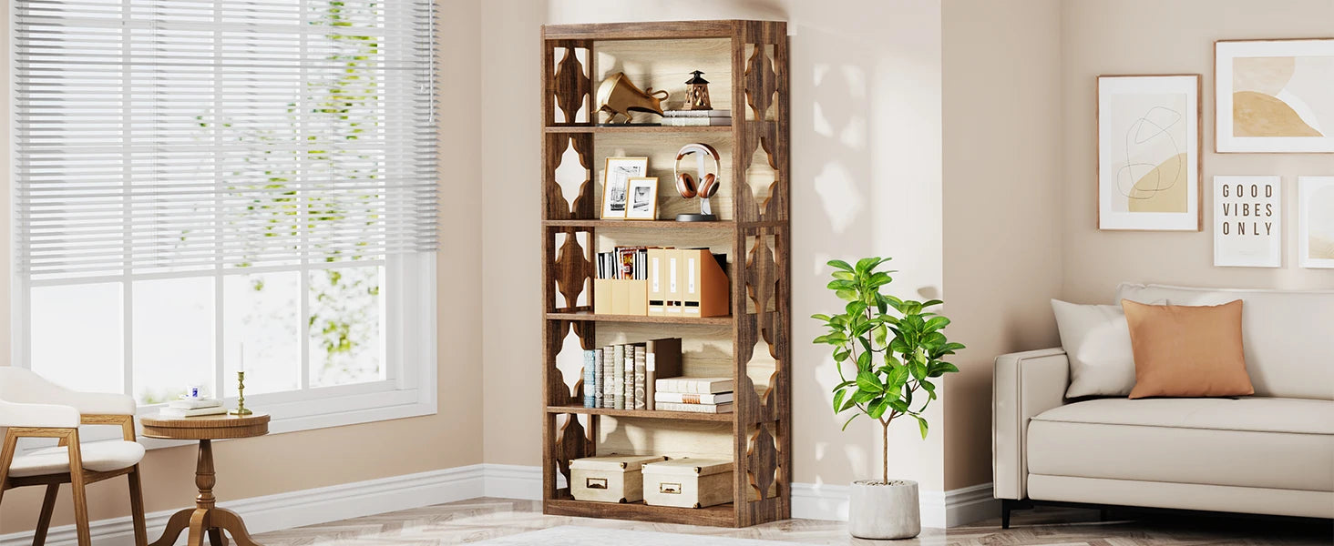 Industrial 6-Tier Bookcase with X-Frame for Living Room — 71in Tall Open Bookshelf