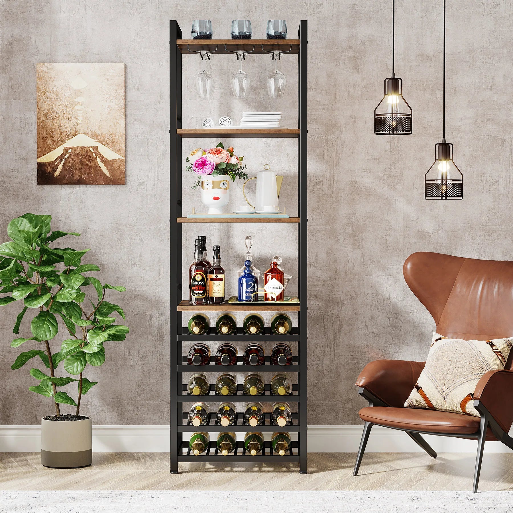 Industrial Wine Bakers Rack, 20-Bottle Freestanding Wine Rack with Glass Holder & Storage Shelves