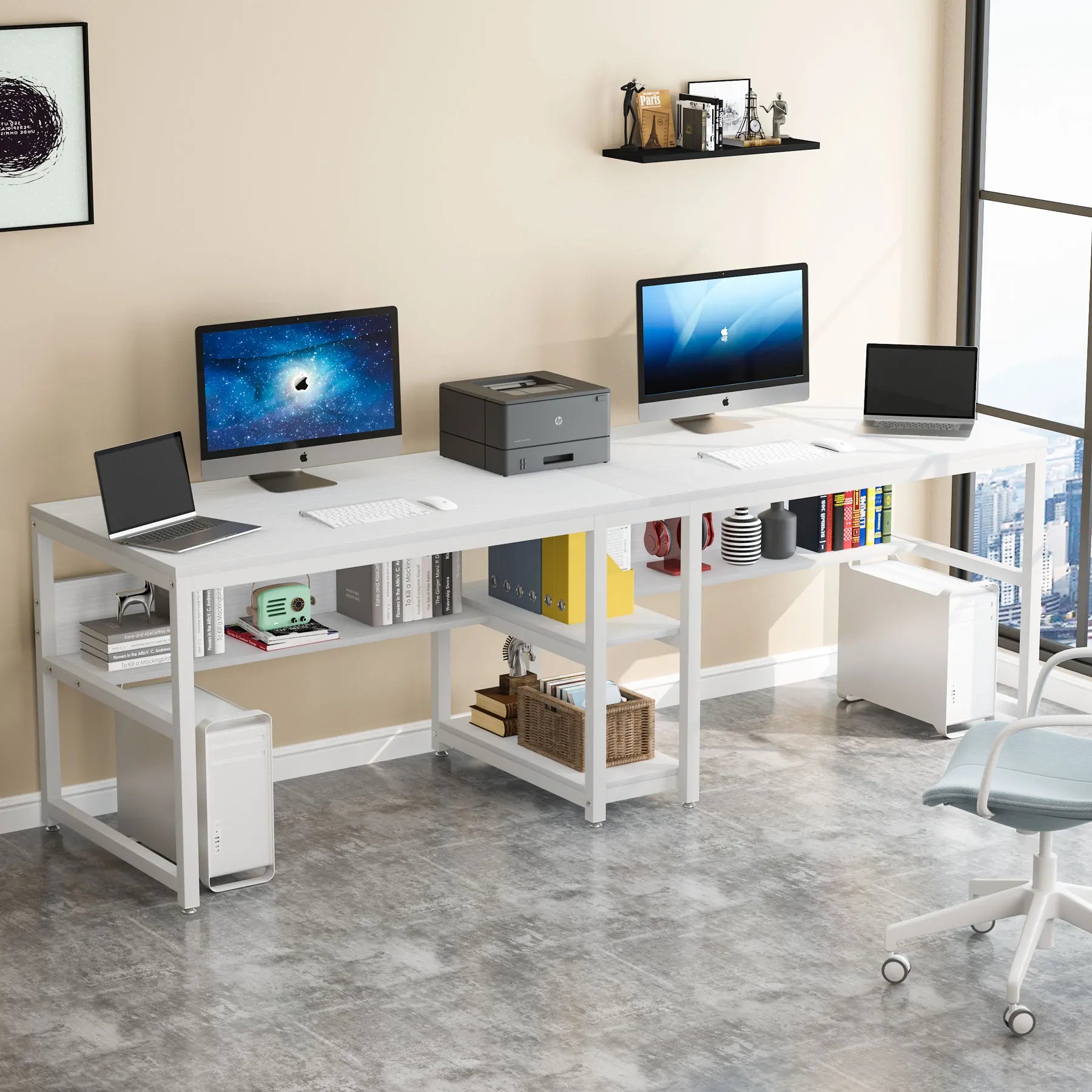 Rustic Two-Person Desk with Bookshelf for Home Office — 78.7in Double Workstation
