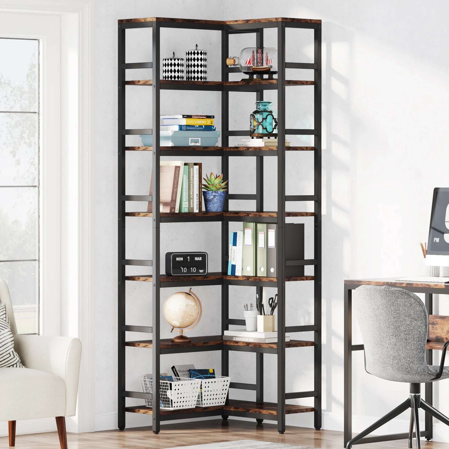 Industrial Corner Bookcase with 7 Shelves and Black Metal Frame for Living Room — 71" Tall