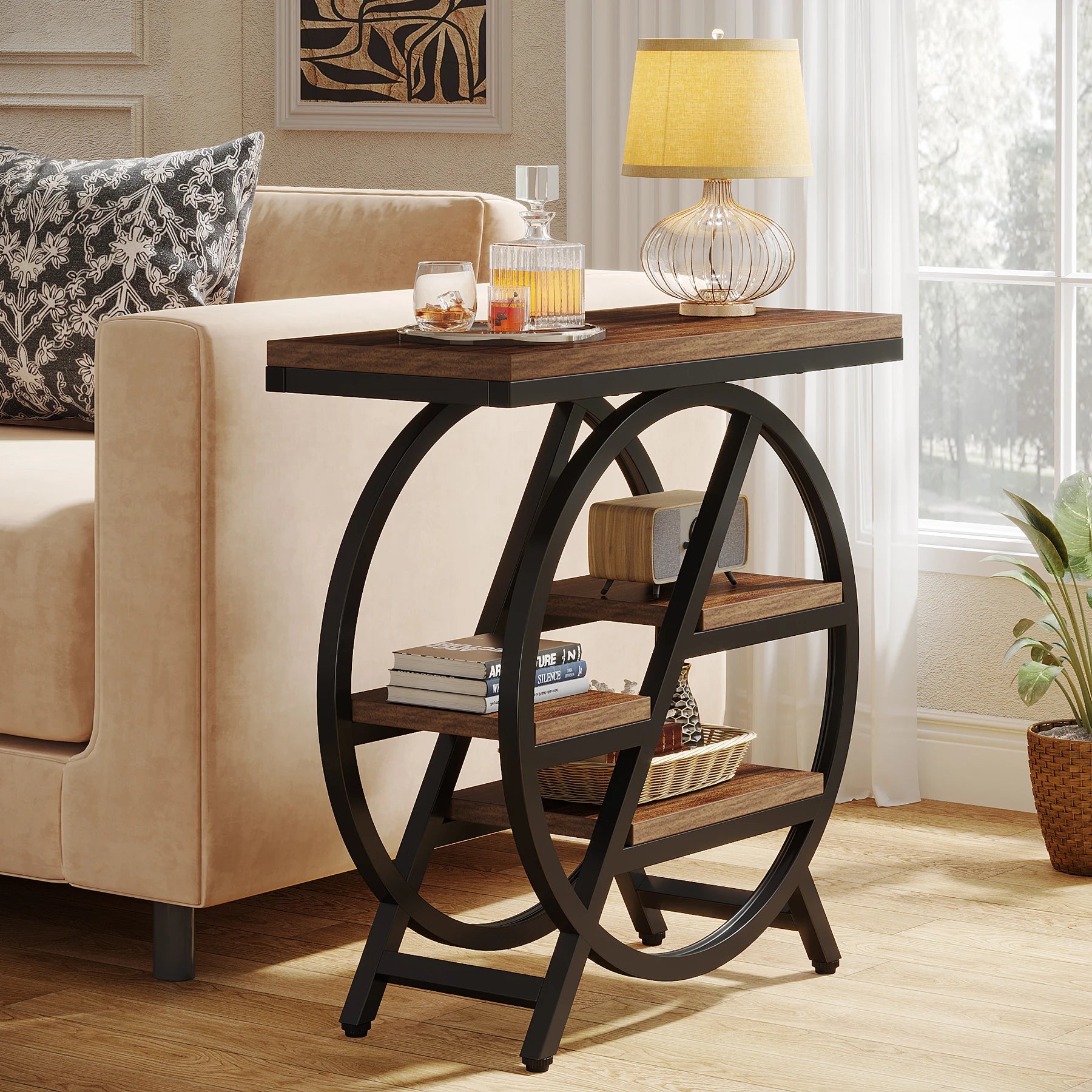 Rustic Wood 3-Tier Side Table with Round Metal Frame for Living Room — Narrow
