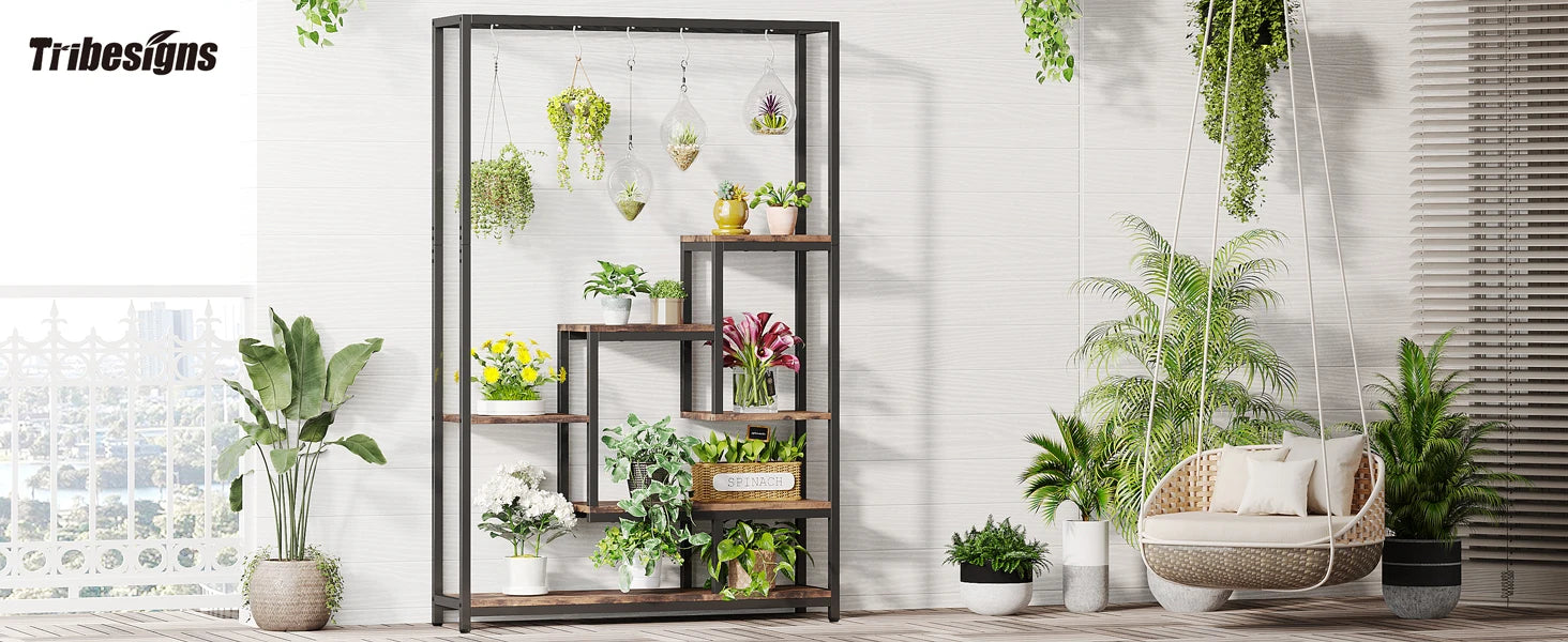 Industrial Metal Plant Stand with Hanging Hooks for Living Room — 5-Tier, 70.9in Tall