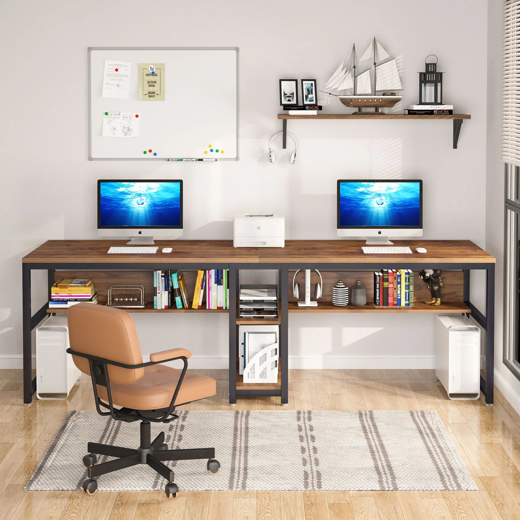 Rustic Two-Person Desk with Bookshelf for Home Office — 78.7in Double Workstation