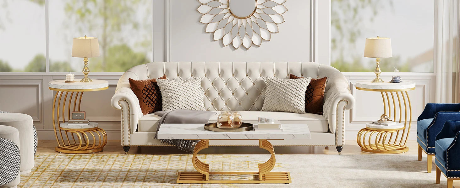 Gold Round Side Table with Faux-Marble Tiers for Living Room — 20-inch Sculptural Accent Table