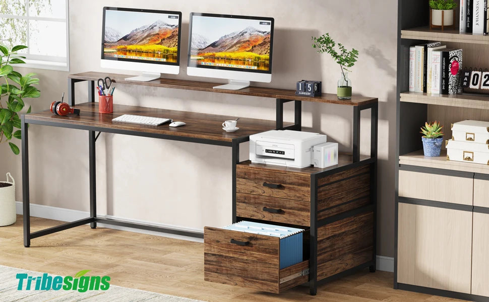 Industrial Computer Desk with 3 Drawers for Home Office — 59in Writing Table