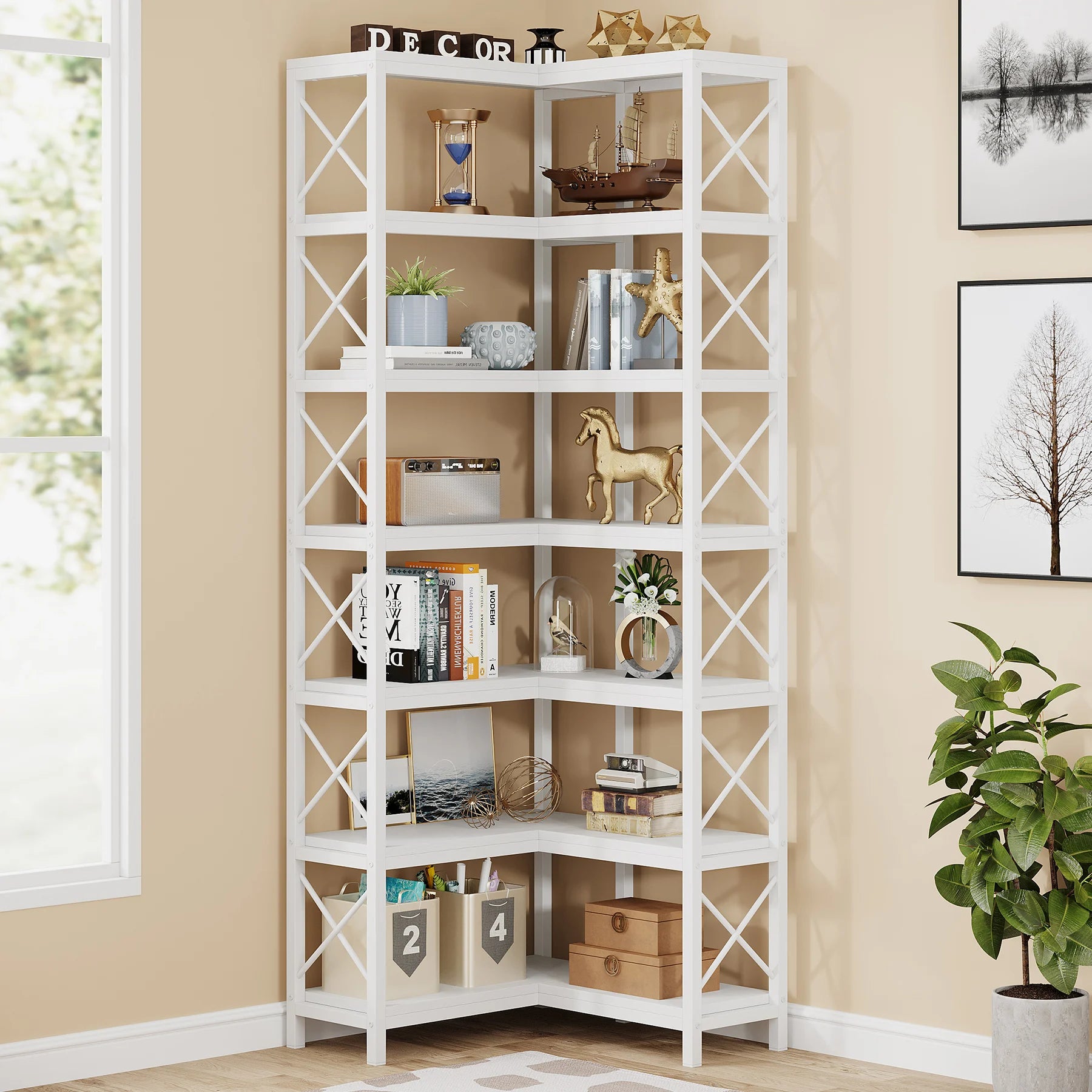 Industrial Corner Bookcase with 7 Shelves and Black Metal Frame for Living Room — 71" Tall