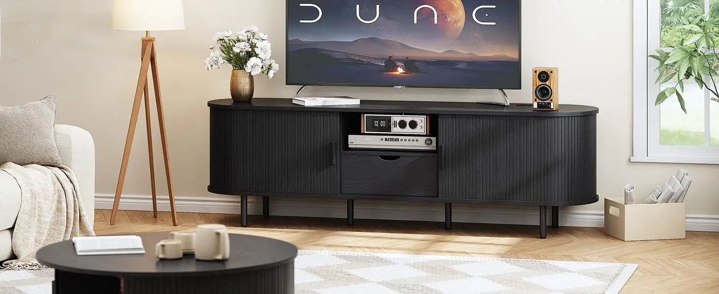 Mid-Century TV Stand for 80" TV — Fluted Walnut Media Console with Storage & Sliding Doors
