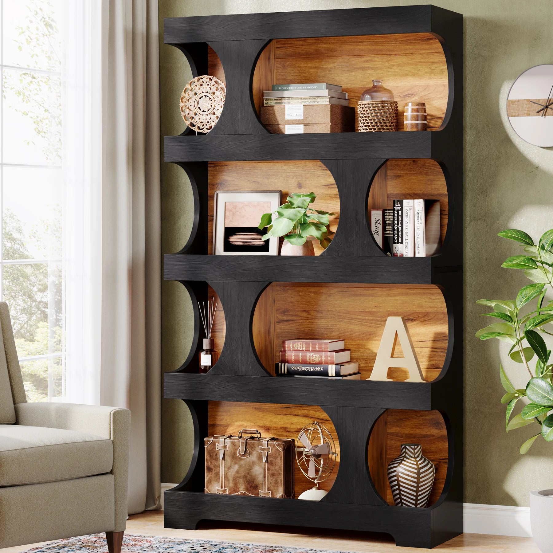 Two-Tone Curved Bookcase with Sculptural Cutout Shelves for Living Room — 71" Tall, 4 Tiers
