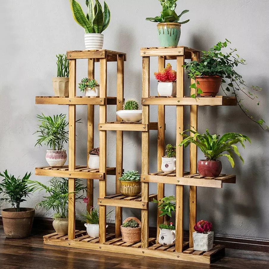 Carbonized Wood Plant Stand with Multi-Tier Slatted Shelves for Living Room — Holds 9+ Pots